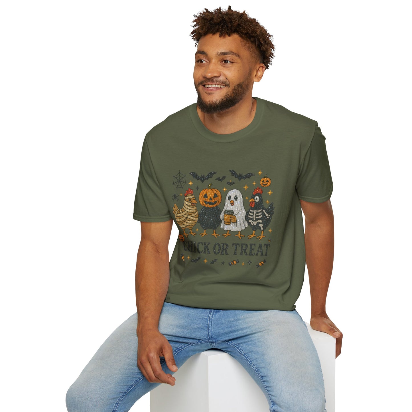 Chick or Treat Graphic Tee,Halloween Chicken Shirt in Crystal Rhinestones, Spooky Fall Bling Shirt