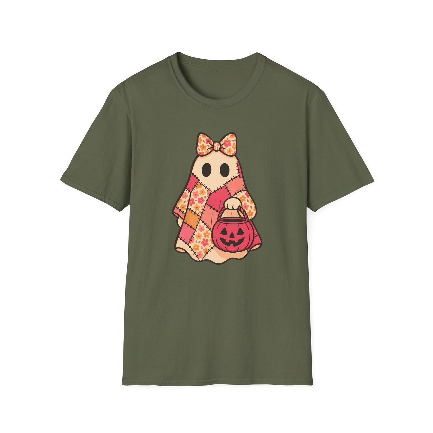 Cute Patchwork Ghost T-Shirt, Cute Halloween Shirt with Floral Quilt and Jack O Lantern, Retro Fall Graphic Tee for Women, Spooky Cute Ghost