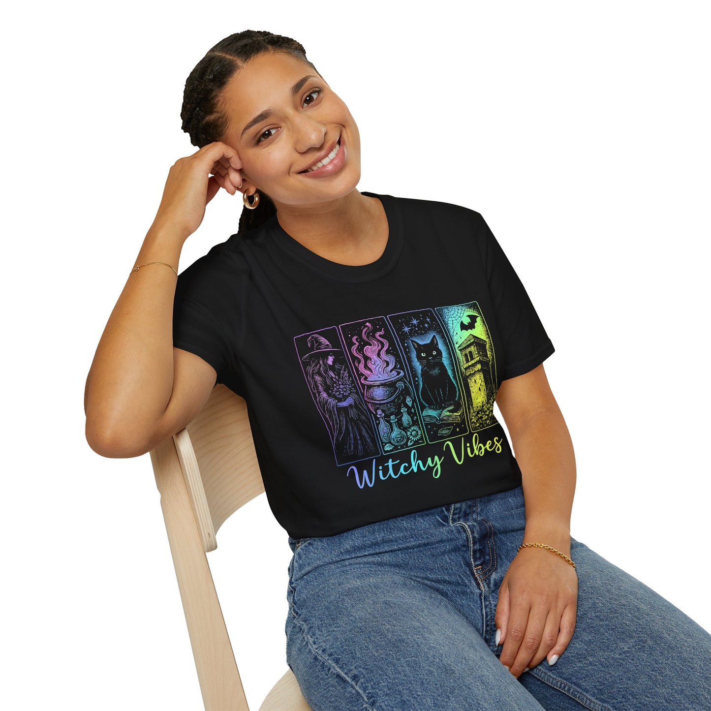 Witchy Vibes TShirt, Halloween Witch Shirt with Black Cat, Cauldron & Haunted Tower, Spooky Season Graphic Tee for Women,Witchy Vibes Tee