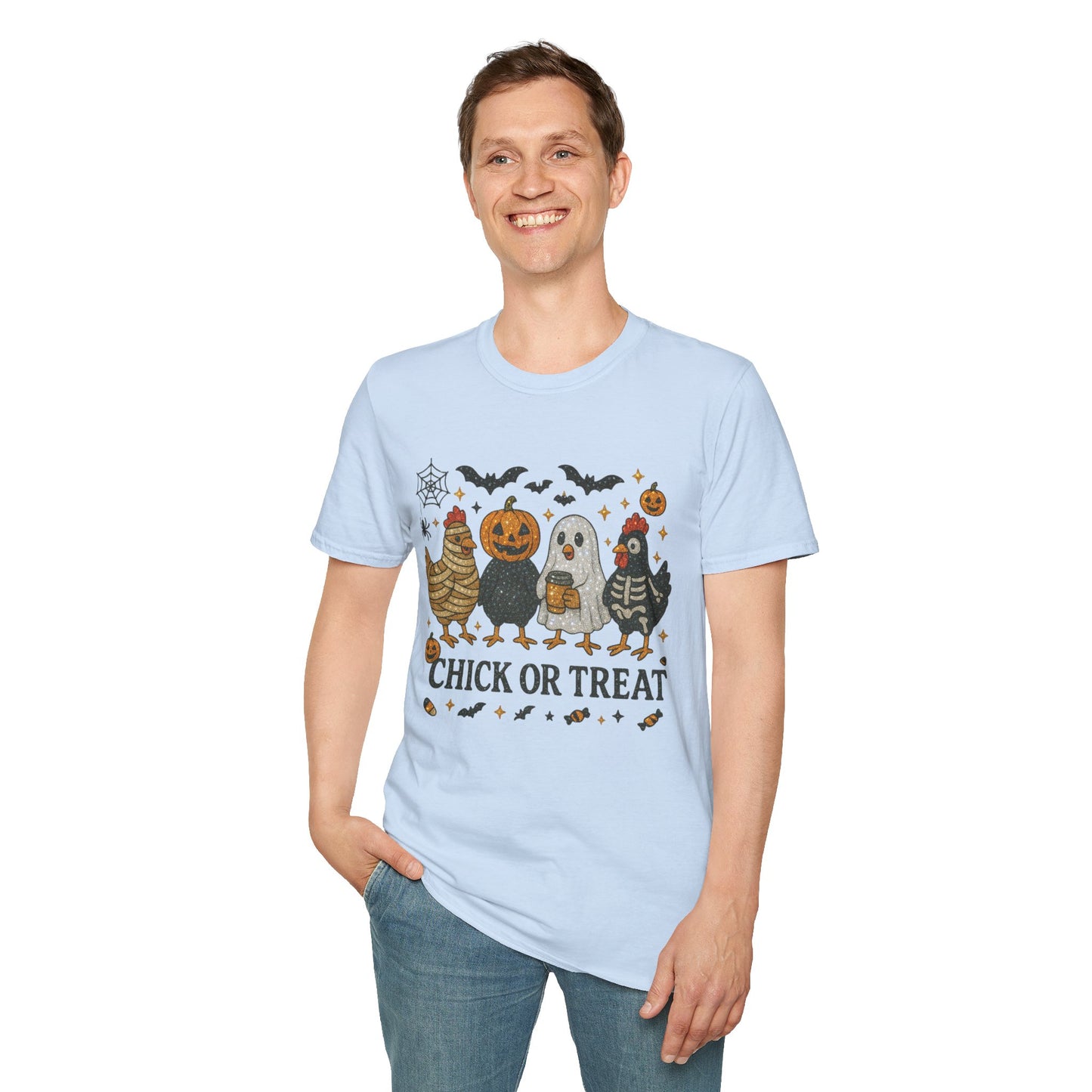 Chick or Treat Graphic Tee,Halloween Chicken Shirt in Crystal Rhinestones, Spooky Fall Bling Shirt