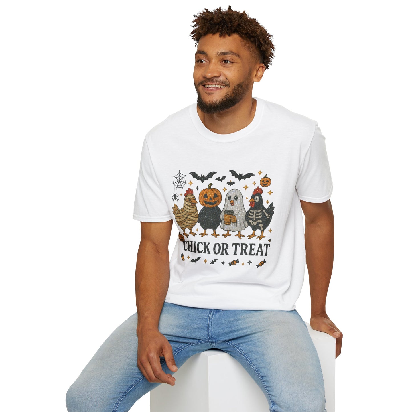 Chick or Treat Graphic Tee,Halloween Chicken Shirt in Crystal Rhinestones, Spooky Fall Bling Shirt