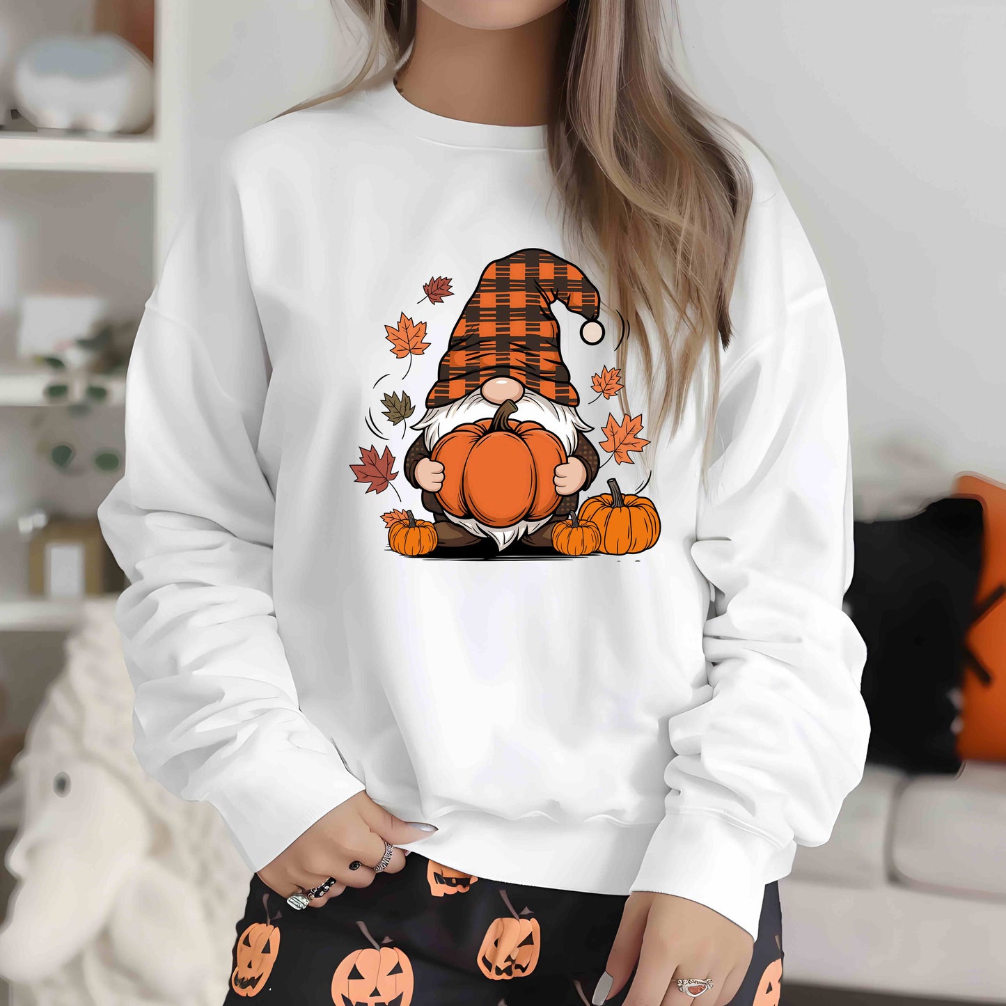 Fall Gnome Pumpkin Sweatshirt, Buffalo Plaid Gnome Sweater, Cute Autumn Leaves Graphic Pullover,Pumpkin Patch Thanksgiving Sweater