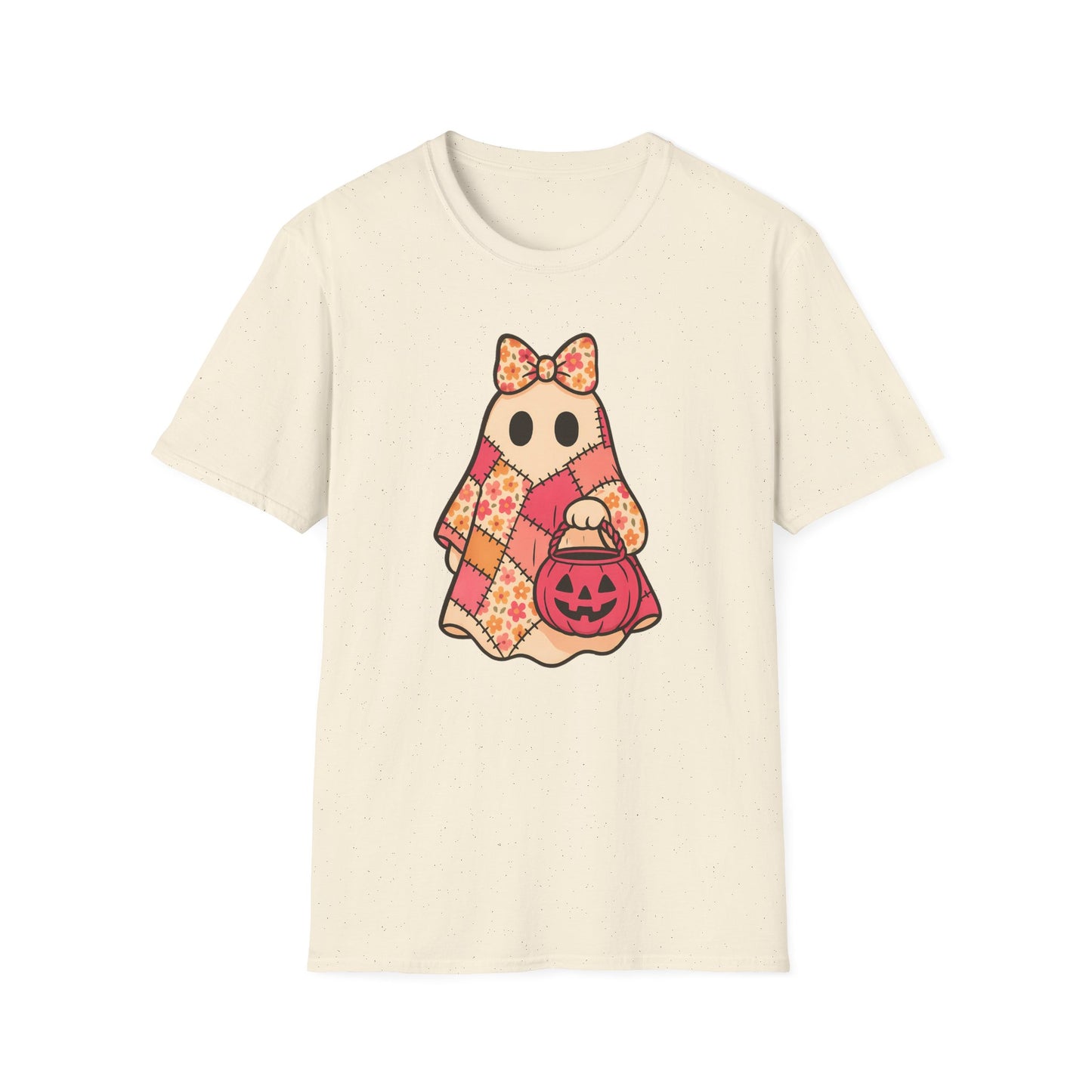Cute Patchwork Ghost T-Shirt, Cute Halloween Shirt with Floral Quilt and Jack O Lantern, Retro Fall Graphic Tee for Women, Spooky Cute Ghost