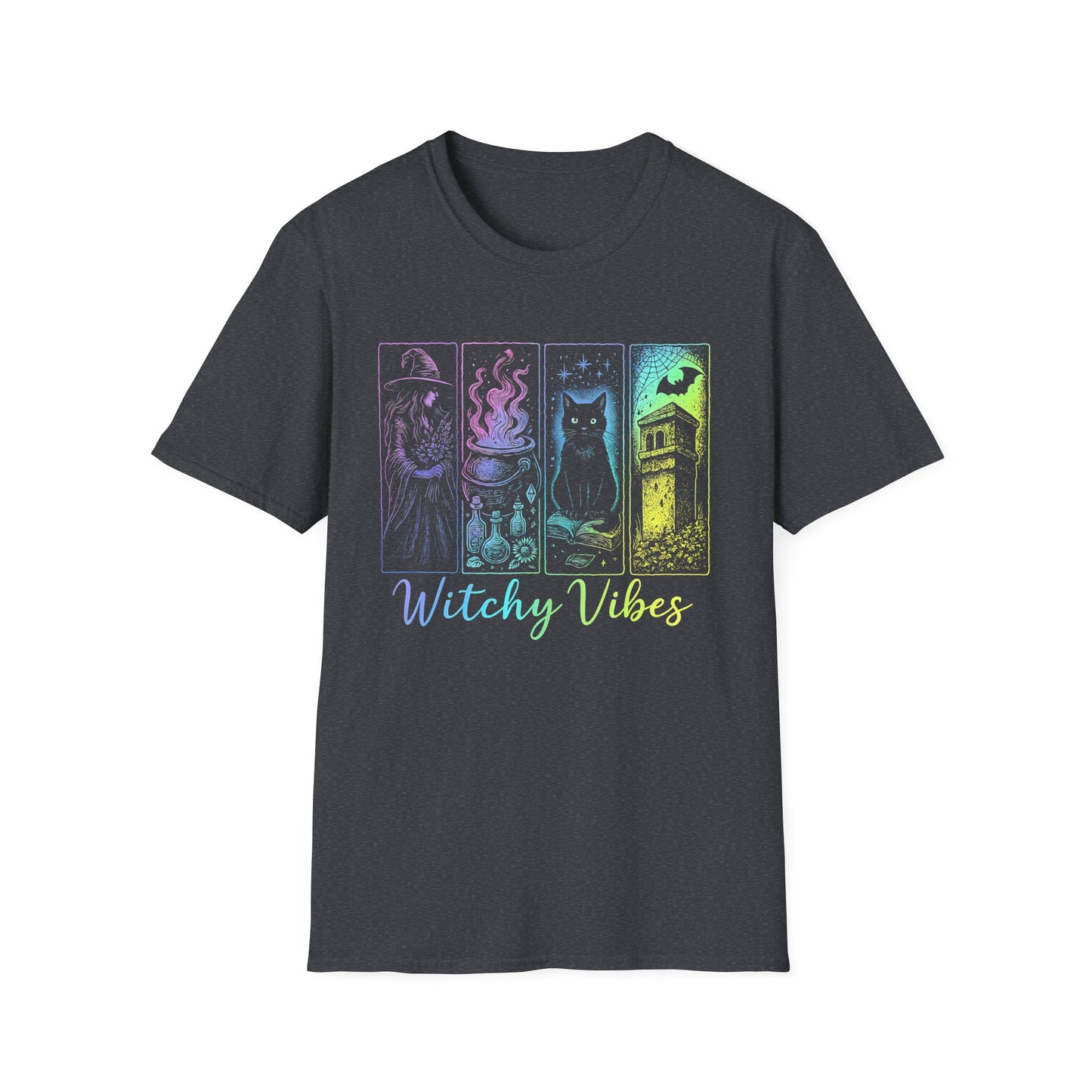 Witchy Vibes TShirt, Halloween Witch Shirt with Black Cat, Cauldron & Haunted Tower, Spooky Season Graphic Tee for Women,Witchy Vibes Tee
