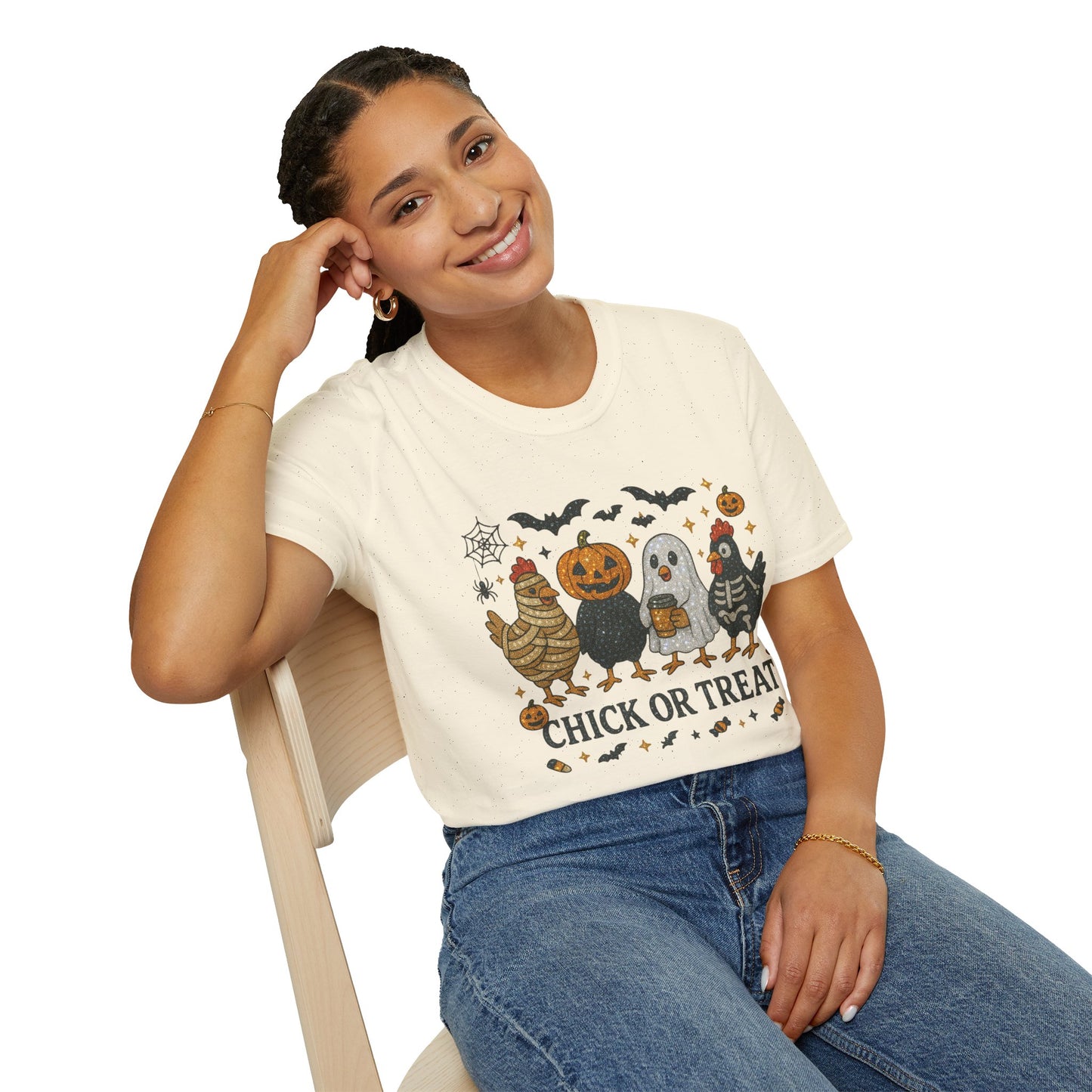 Chick or Treat Graphic Tee,Halloween Chicken Shirt in Crystal Rhinestones, Spooky Fall Bling Shirt