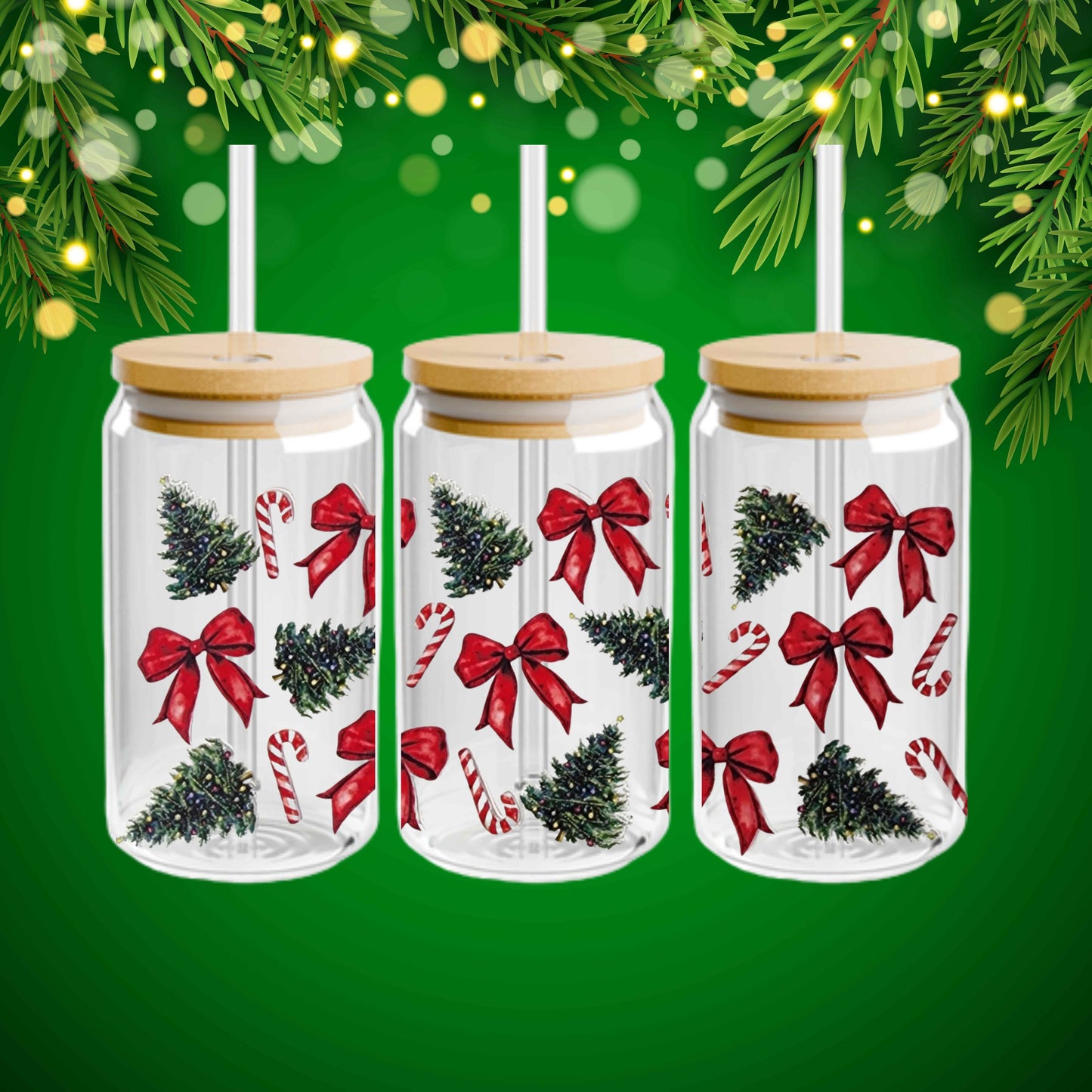Christmas Tree Glass Cup with Lid and Straw, Holiday Drinkware