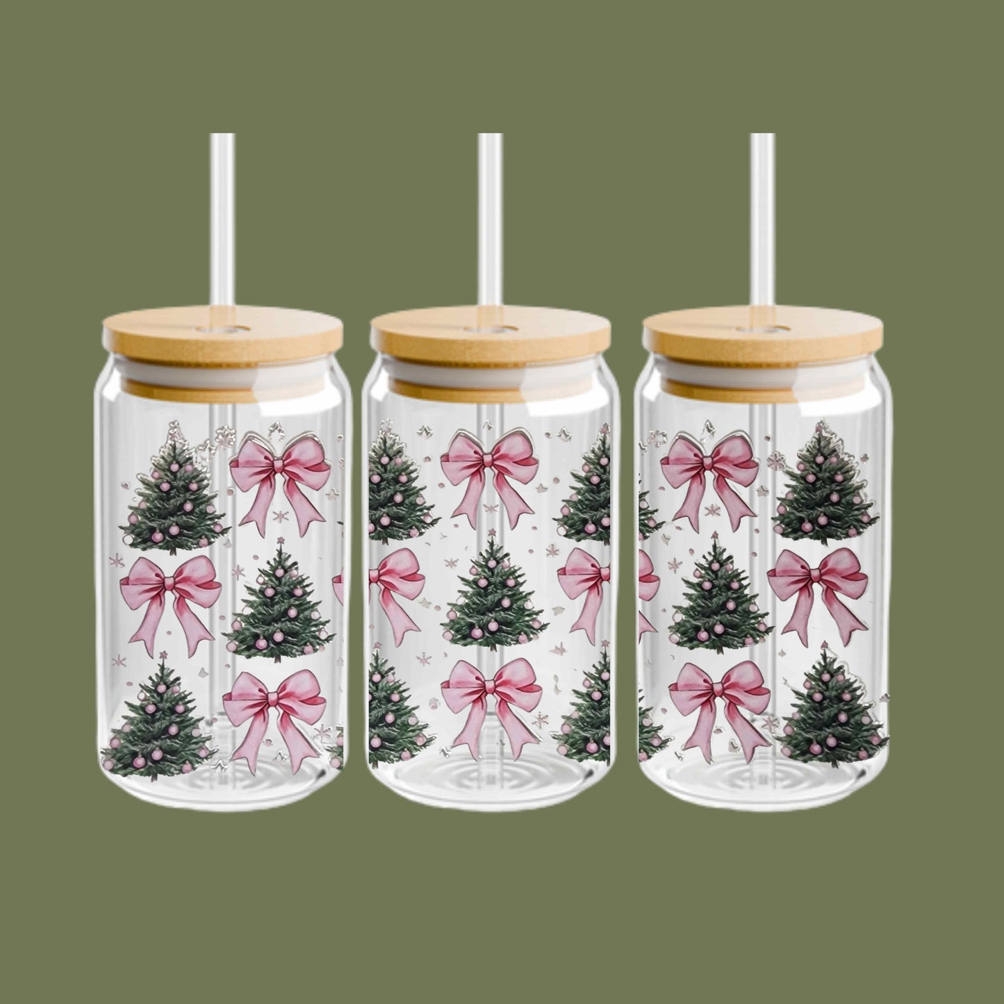 Christmas Glass Can Cup, Pink Bow & Tree, Holiday Drinkware