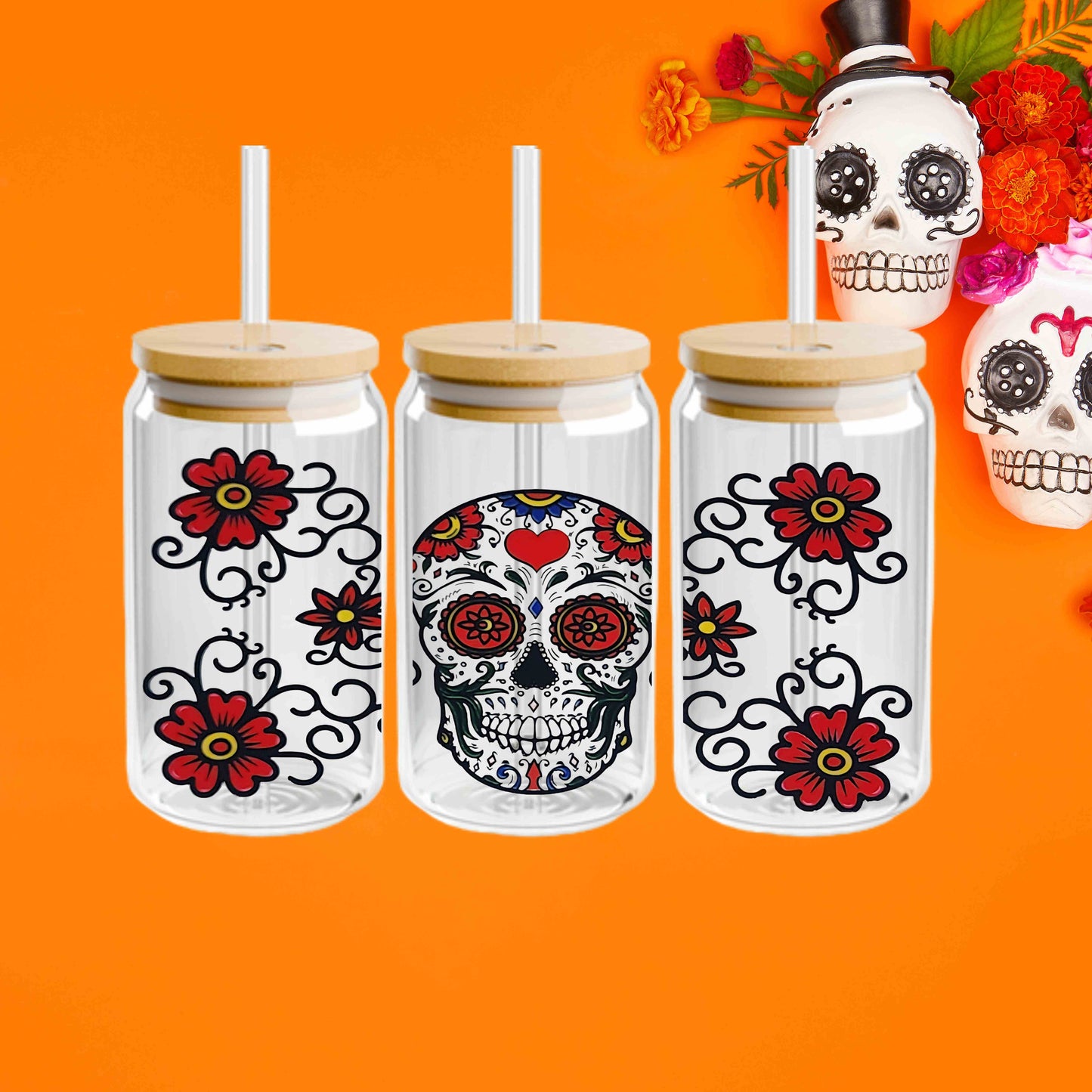Day of the Dead Cup, Día de los Muertos Skull Tumbler 16oz Acrylic or Glass Coffee Tumbler with Lid & Straw, UVDTF Cup