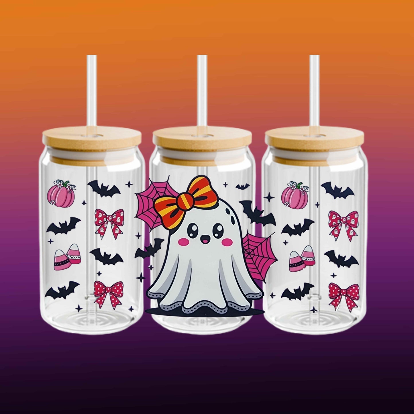 16oz Halloween Ghost Glass Tumbler – Cute Kawaii Spooky Cup with Lid and Straw – Reusable Iced Coffee Fall Drinkware Gift fall drinkware gift.