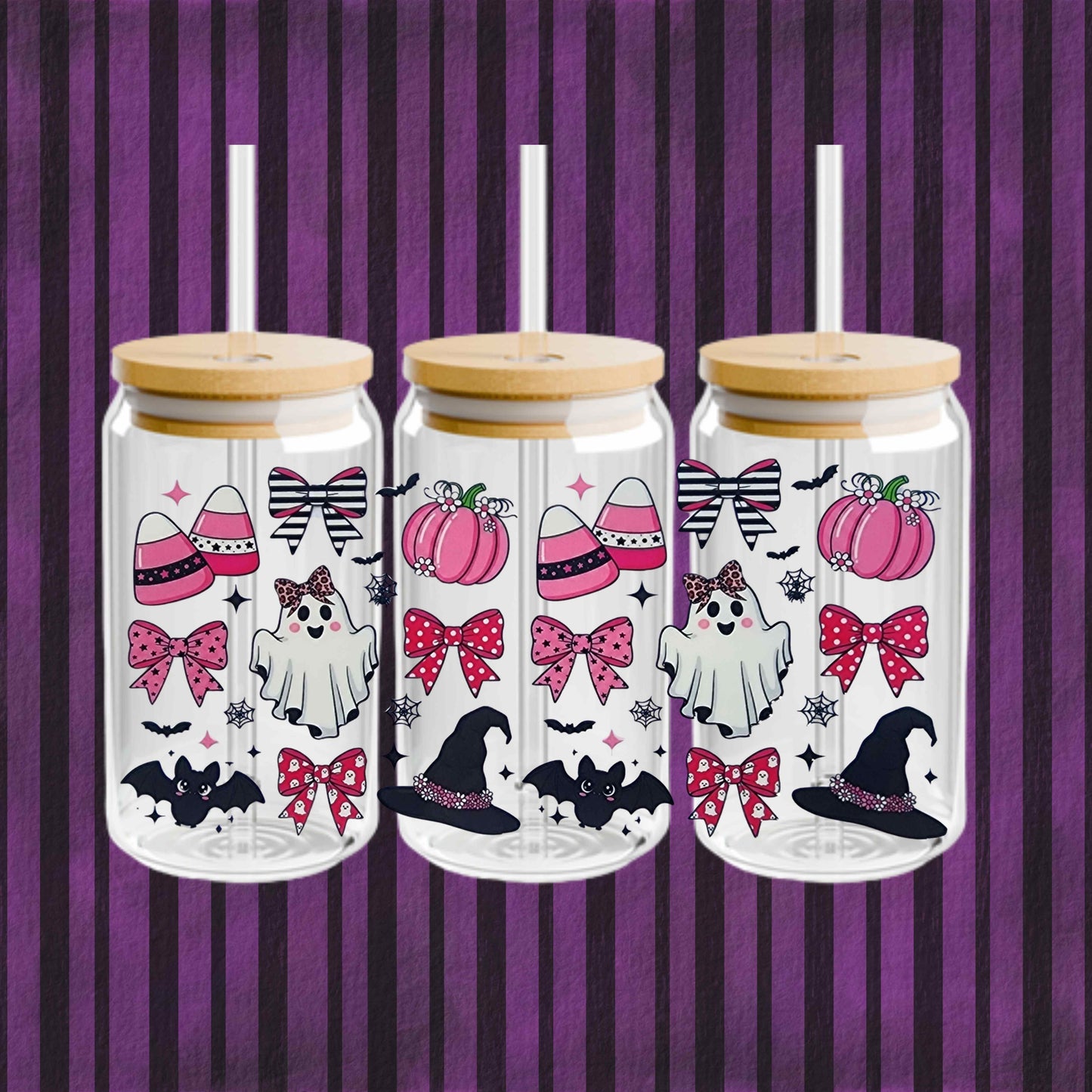 16oz Cute Ghost Glass Tumbler – Halloween Pink Pumpkin Cup with Lid and Straw – Kawaii Spooky Reusable Iced Coffee Drinkware Gift