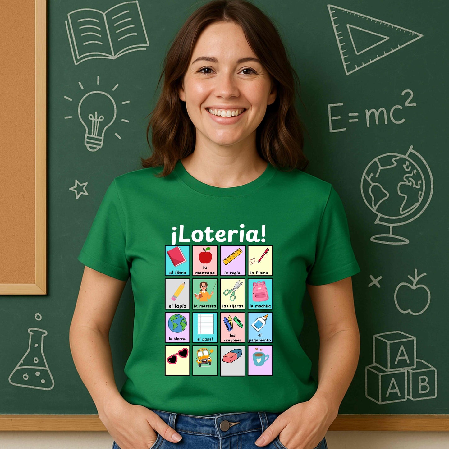 Colorful Lotería Spanish Teacher T-Shirt with classroom vocabulary. Perfect for bilingual classrooms, cultural pride, and teacher appreciation gifts.