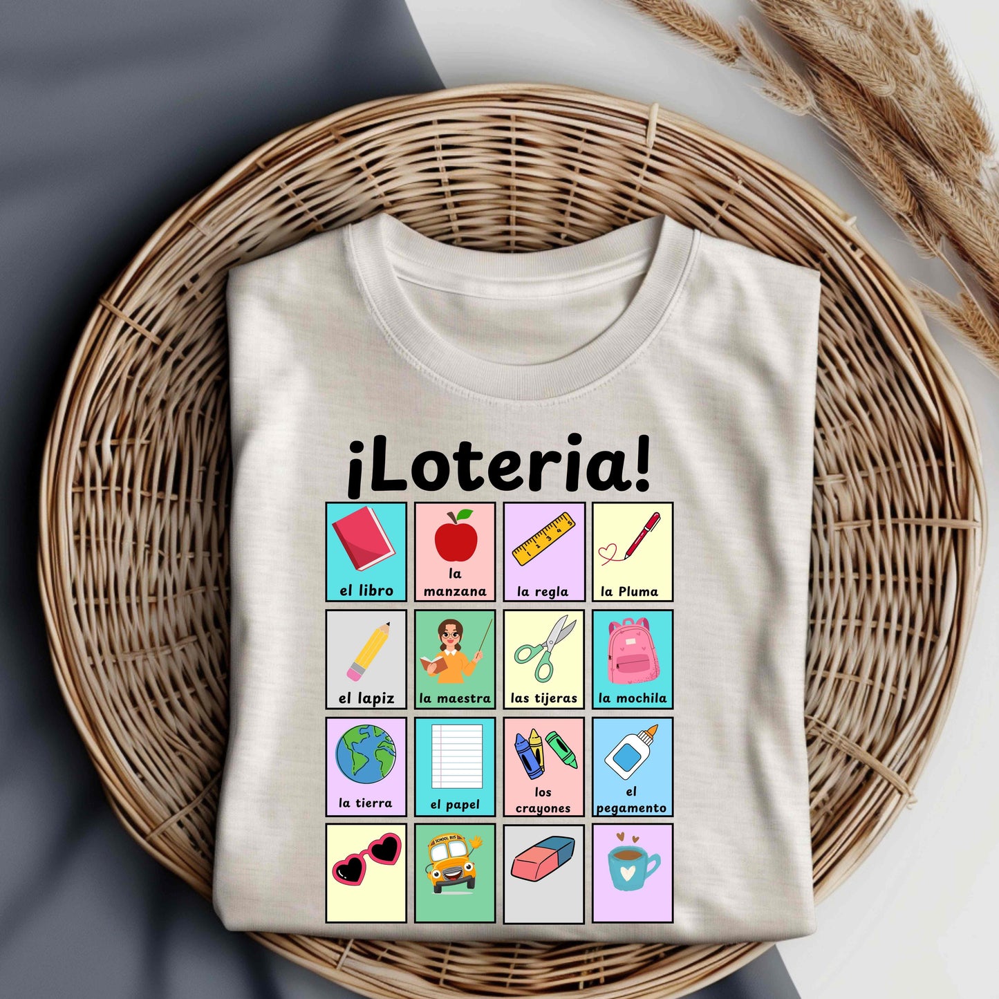 Colorful Lotería Spanish Teacher T-Shirt with classroom vocabulary. Perfect for bilingual classrooms, cultural pride, and teacher appreciation gifts.
