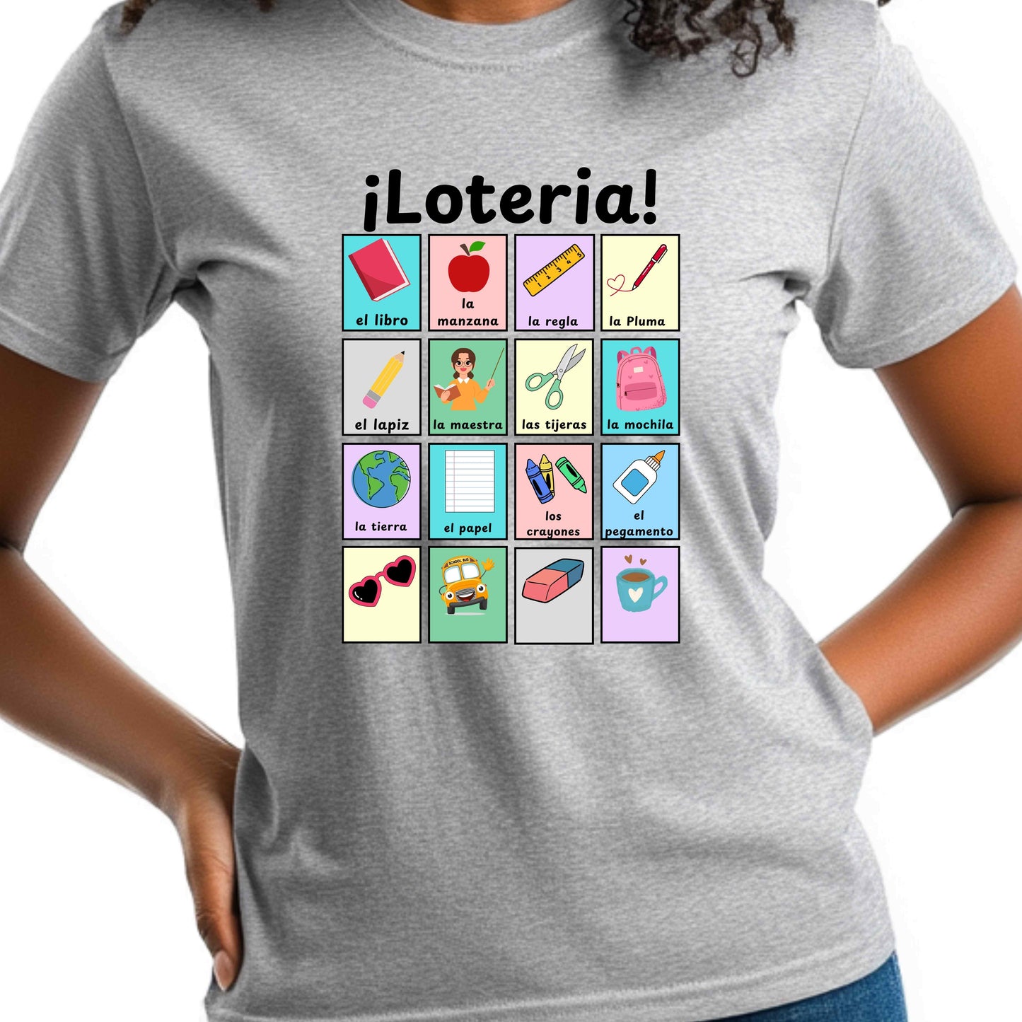 Colorful Lotería Spanish Teacher T-Shirt with classroom vocabulary. Perfect for bilingual classrooms, cultural pride, and teacher appreciation gifts.