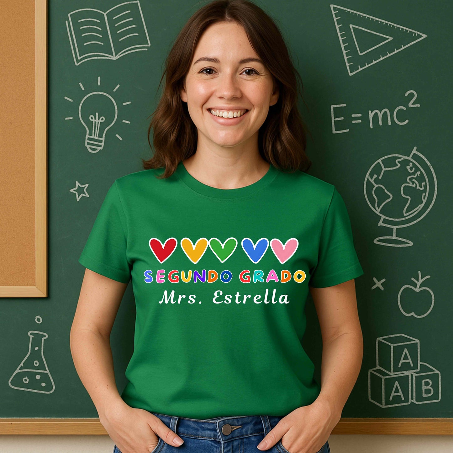 Personalized Segundo Grado Teacher T-Shirt with rainbow hearts. Perfect bilingual teacher shirt, back-to-school outfit, or custom educator gift.