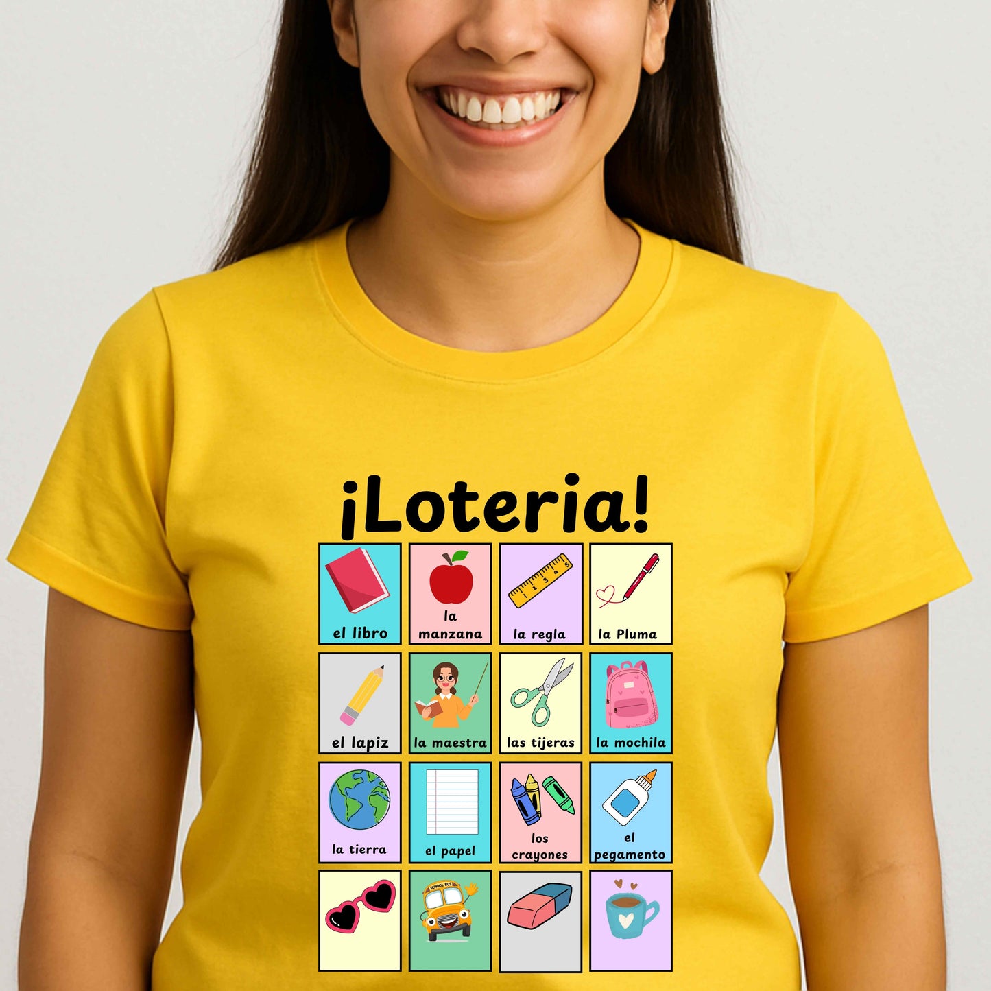 Colorful Lotería Spanish Teacher T-Shirt with classroom vocabulary. Perfect for bilingual classrooms, cultural pride, and teacher appreciation gifts.