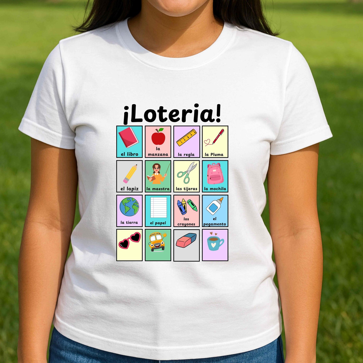 Colorful Lotería Spanish Teacher T-Shirt with classroom vocabulary. Perfect for bilingual classrooms, cultural pride, and teacher appreciation gifts.