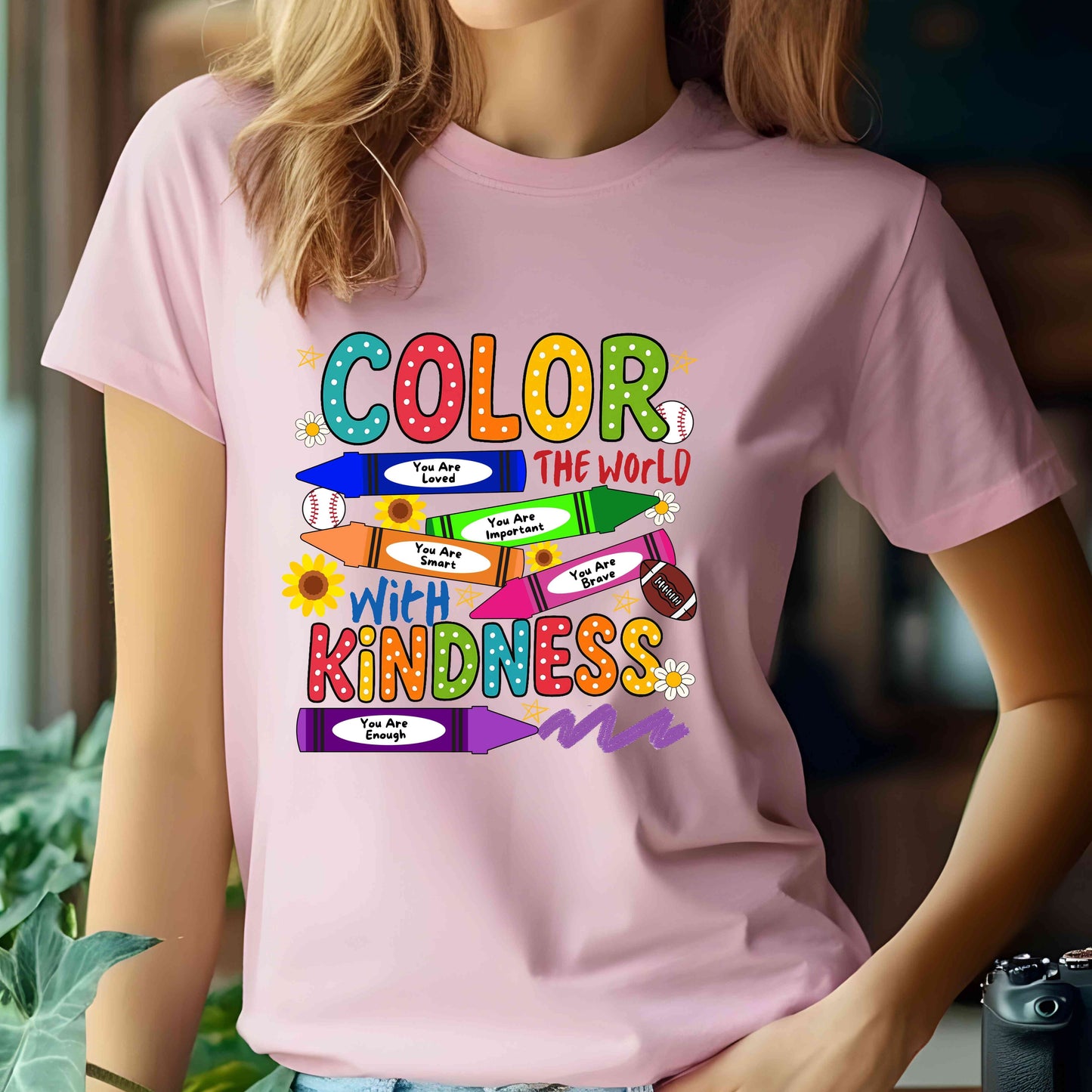 Color the World with Kindness T-Shirt, Teacher Affirmation Shirt, Positive Quote Graphic Tee, Motivational Classroom Kindness Top