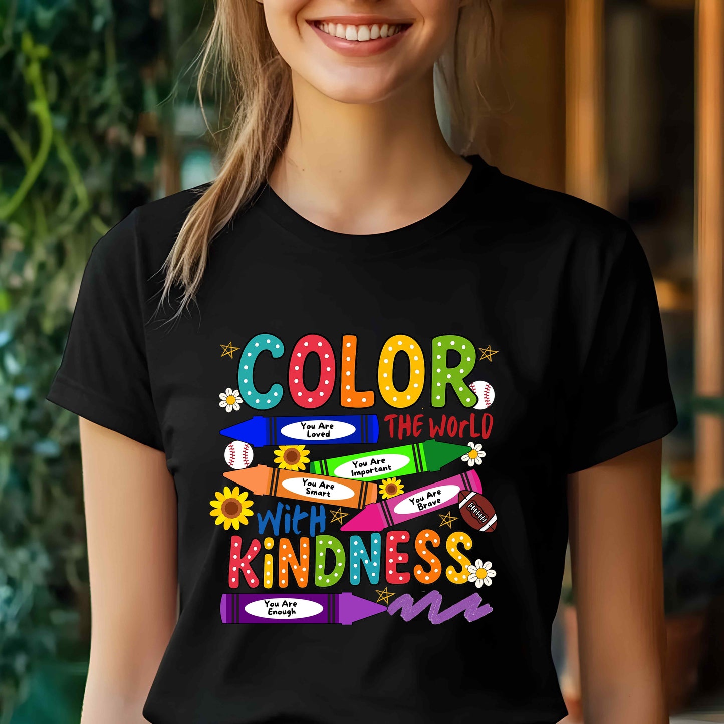 Color the World with Kindness T-Shirt, Teacher Affirmation Shirt, Positive Quote Graphic Tee, Motivational Classroom Kindness Top