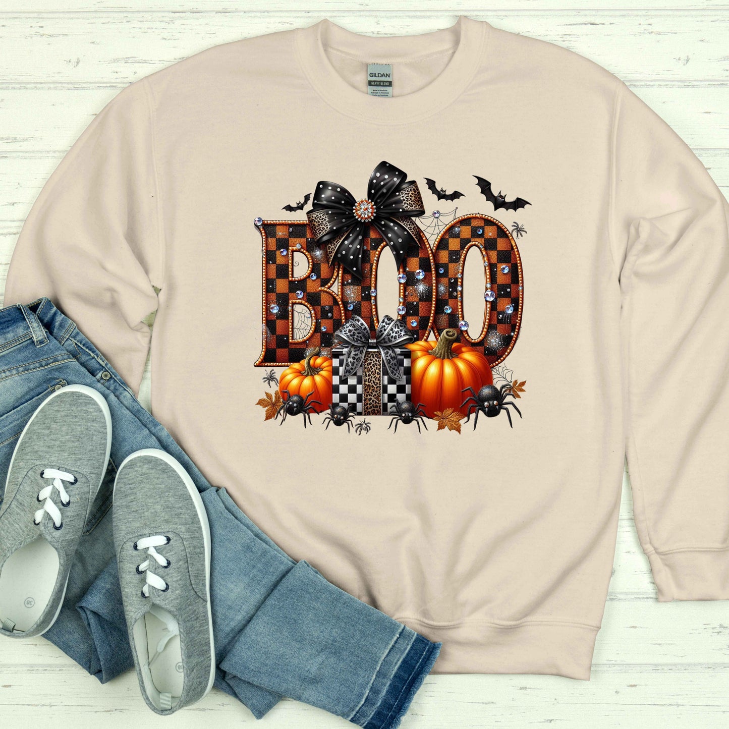 Halloween BOO Digital Download PNG – Glitter Pumpkin Sublimation PNG with Spiders, Bats, and Rhinestone Bow – Spooky Glam Clipart for Crafts & Shirts