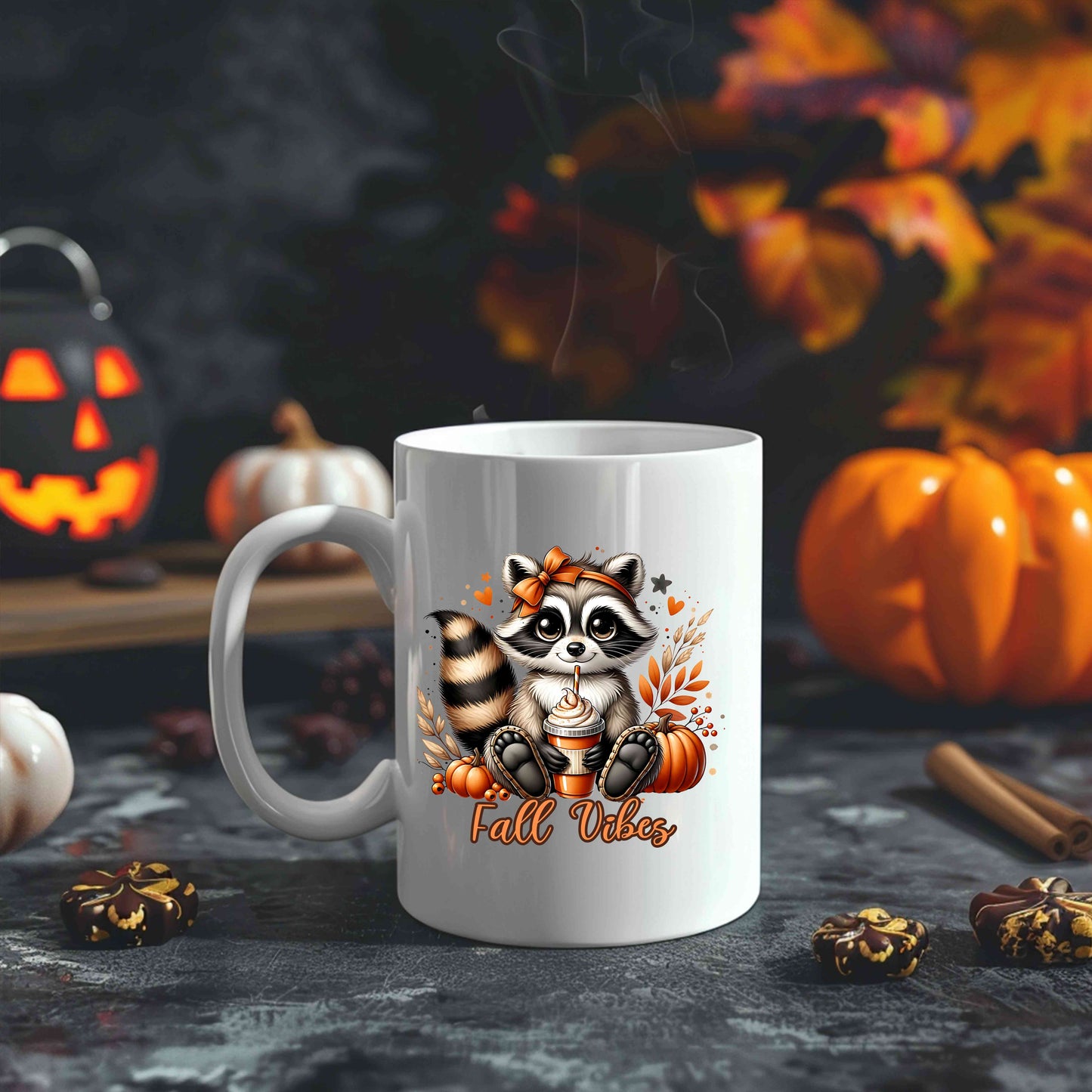 Fall Vibes Raccoon PNG, Cute Pumpkin Spice Latte png, Autumn Animal png for Coffee Lovers, Cute Raccoon Coffee PNG, Autumn Vibes