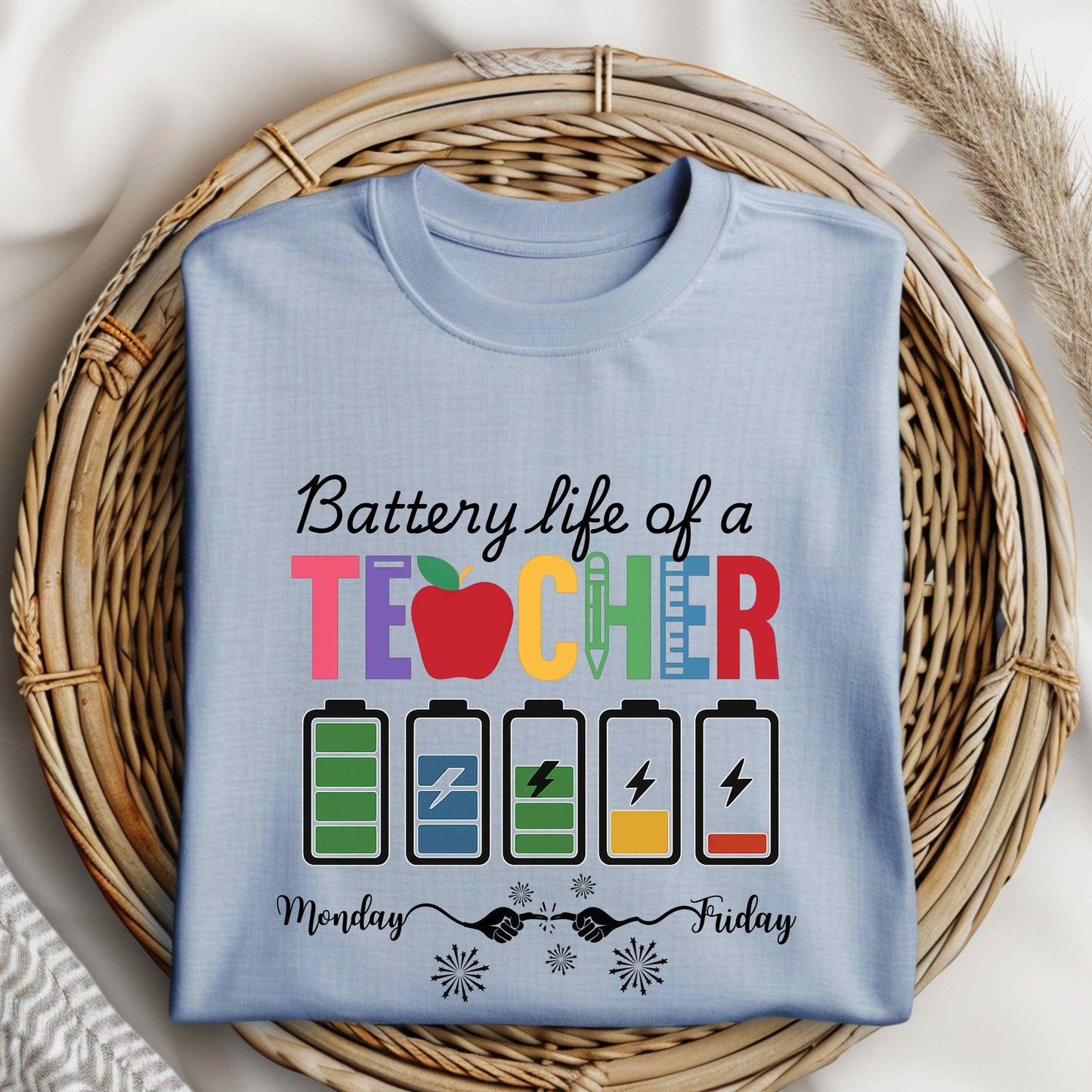 Funny Battery Life of a Teacher T-Shirt. Perfect back-to-school graphic tee and teacher appreciation gift. A playful humor shirt for educators