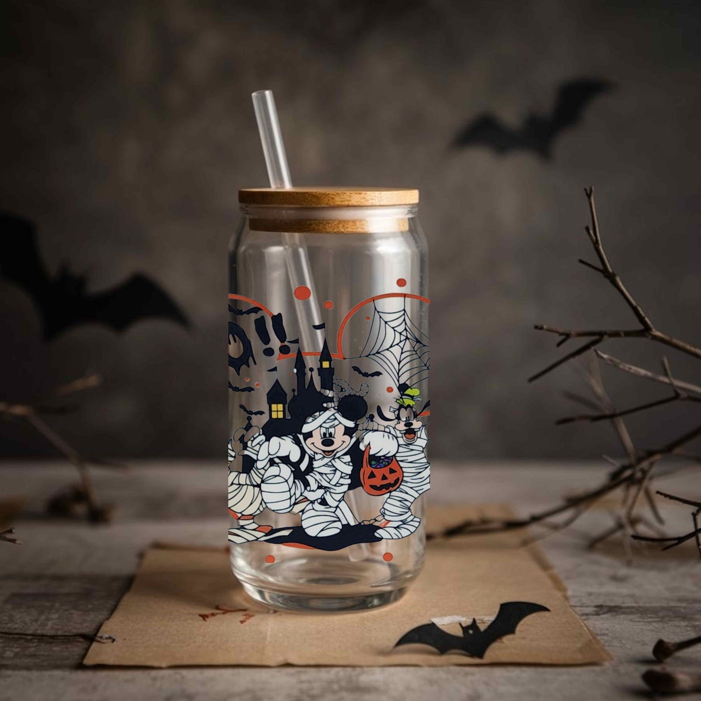 Mickey Halloween 16oz Acrylic or Glass Coffee Tumbler with Lid & Straw, Fall UVDTF Cup