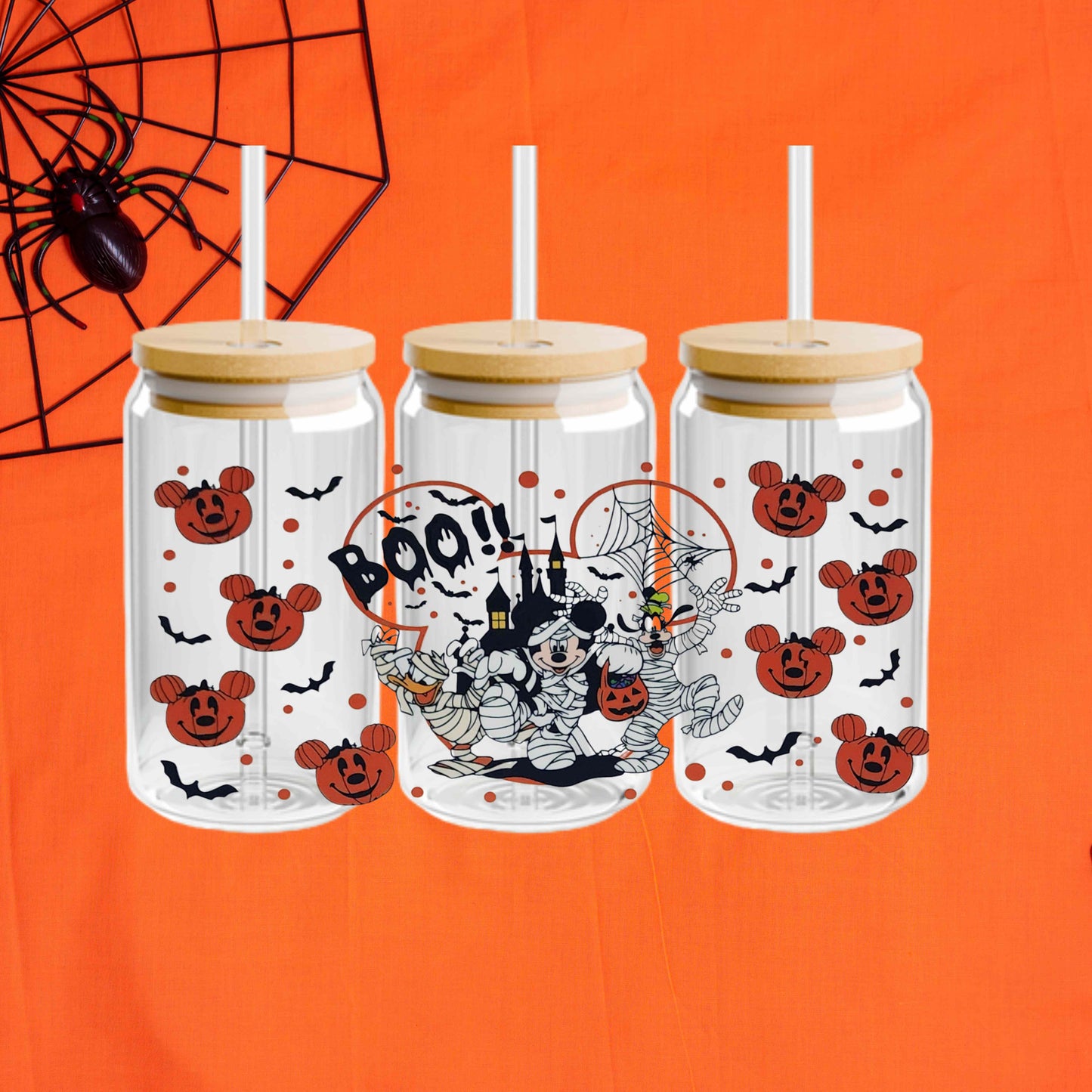 Mickey Halloween 16oz Acrylic or Glass Coffee Tumbler with Lid & Straw, Fall UVDTF Cup