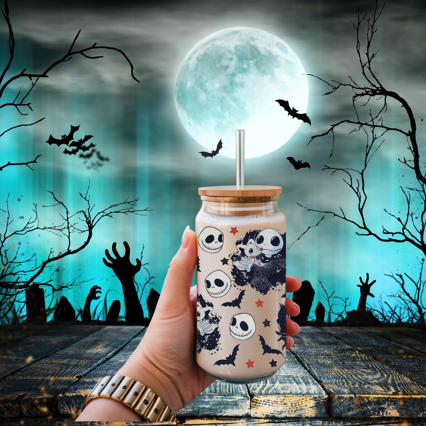 Jack Nightmare Before Christmas Halloween 16oz Acrylic or Glass Coffee Tumbler with Lid & Straw, UVDTF Cup