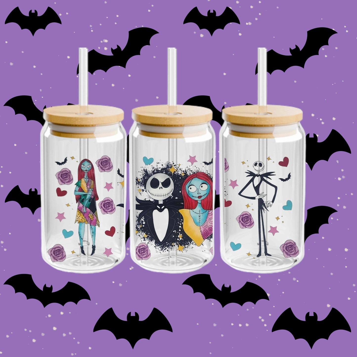 The Nightmare Before Christmas Halloween 16oz Acrylic or Glass Coffee Tumbler with Lid & Straw, Fall UVDTF cup