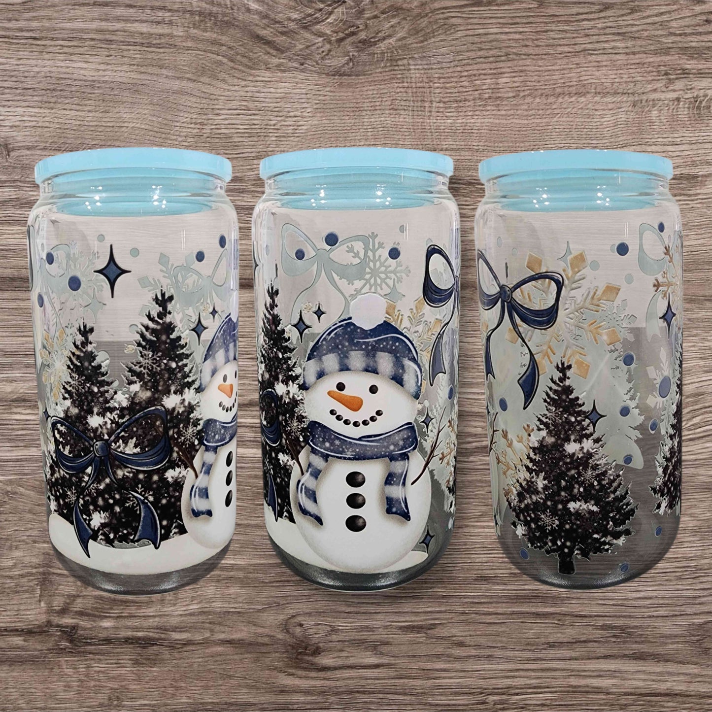Blue Snowman Christmas cup, holiday glass cup, festive drinkware