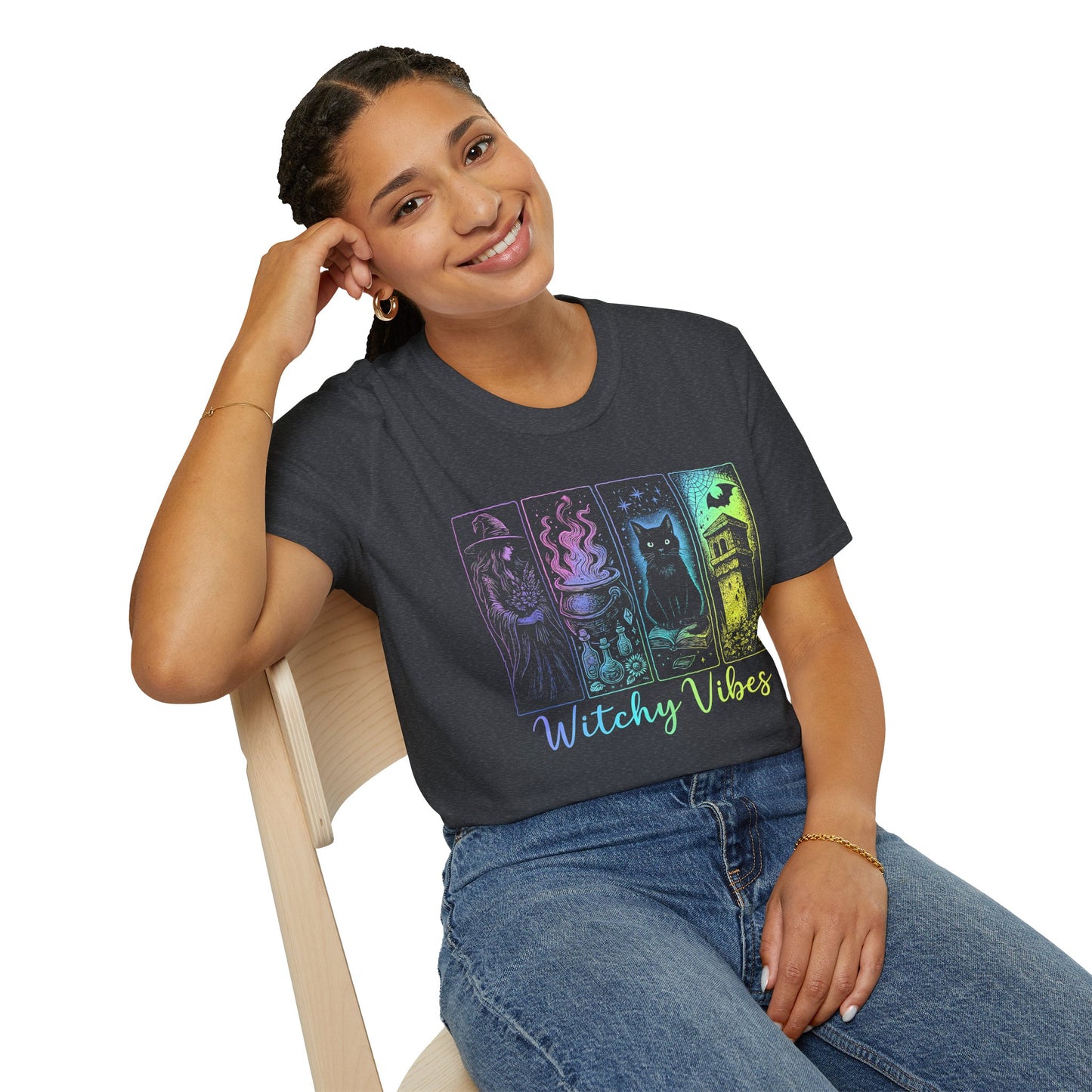 Witchy Vibes TShirt, Halloween Witch Shirt with Black Cat, Cauldron & Haunted Tower, Spooky Season Graphic Tee for Women,Witchy Vibes Tee