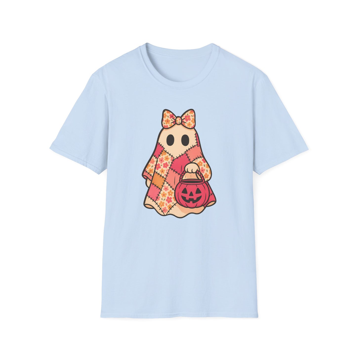 Cute Patchwork Ghost T-Shirt, Cute Halloween Shirt with Floral Quilt and Jack O Lantern, Retro Fall Graphic Tee for Women, Spooky Cute Ghost