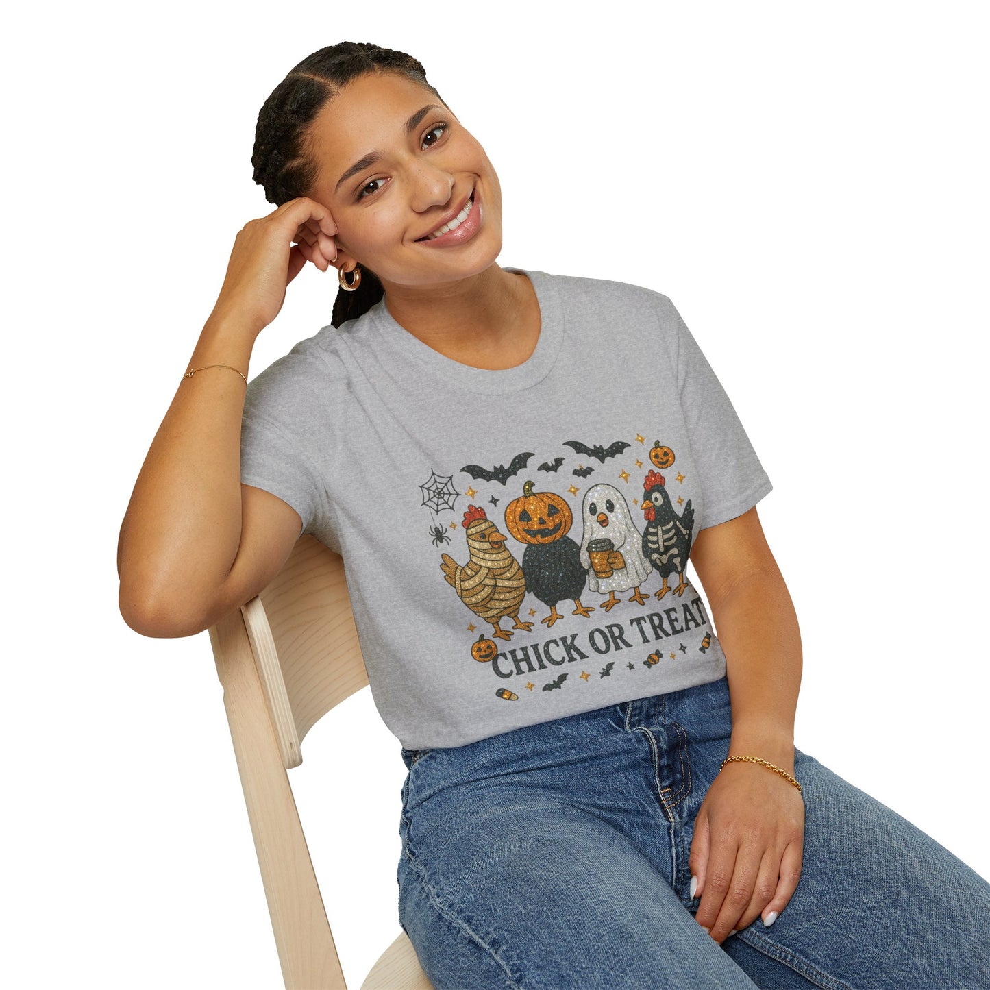 Chick or Treat Graphic Tee,Halloween Chicken Shirt in Crystal Rhinestones, Spooky Fall Bling Shirt