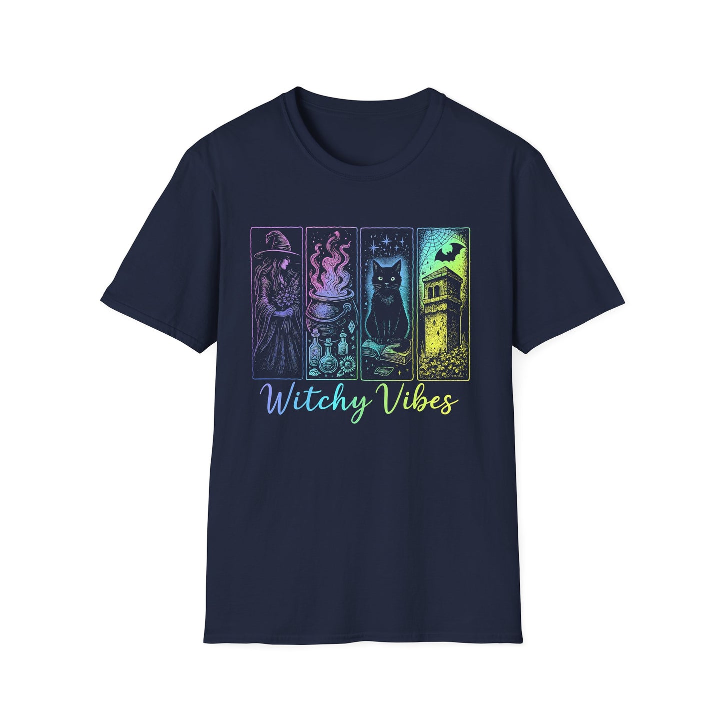Witchy Vibes TShirt, Halloween Witch Shirt with Black Cat, Cauldron & Haunted Tower, Spooky Season Graphic Tee for Women,Witchy Vibes Tee