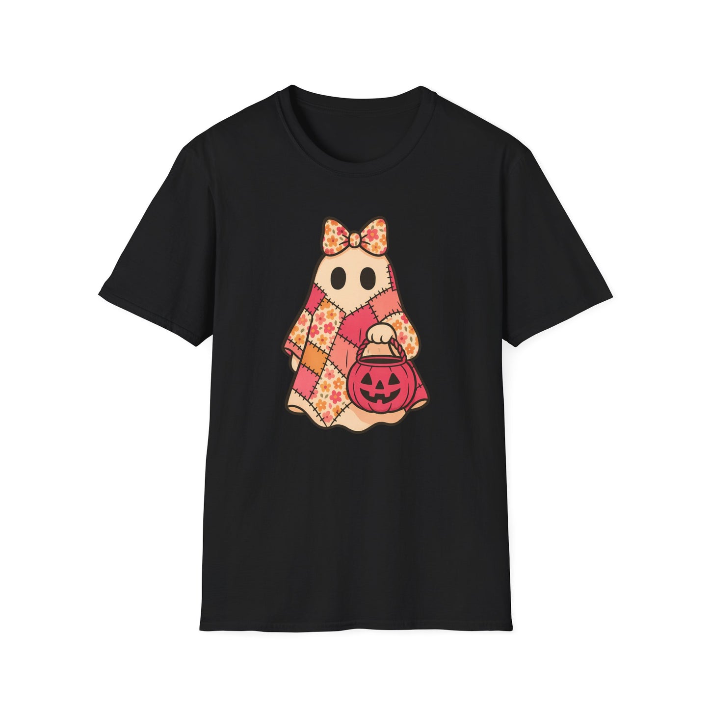 Cute Patchwork Ghost T-Shirt, Cute Halloween Shirt with Floral Quilt and Jack O Lantern, Retro Fall Graphic Tee for Women, Spooky Cute Ghost