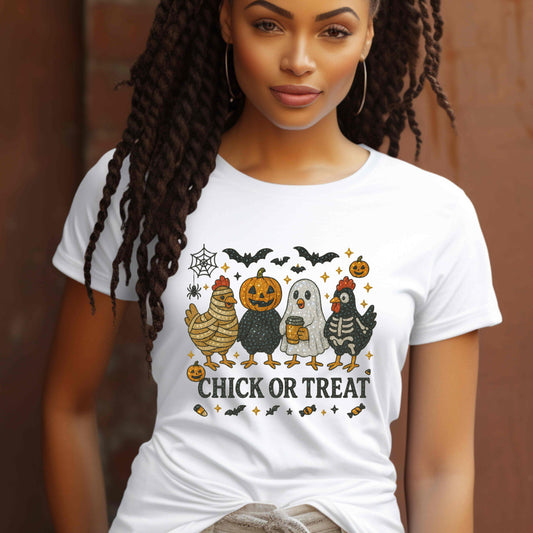Chick or Treat Graphic Tee,Halloween Chicken Shirt in Crystal Rhinestones, Spooky Fall Bling Shirt