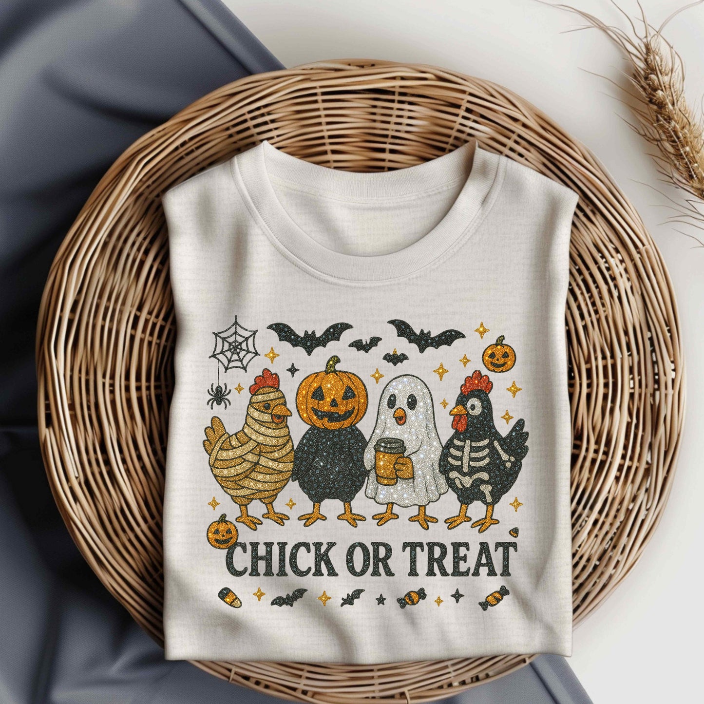 Chick or Treat Graphic Tee,Halloween Chicken Shirt in Crystal Rhinestones, Spooky Fall Bling Shirt