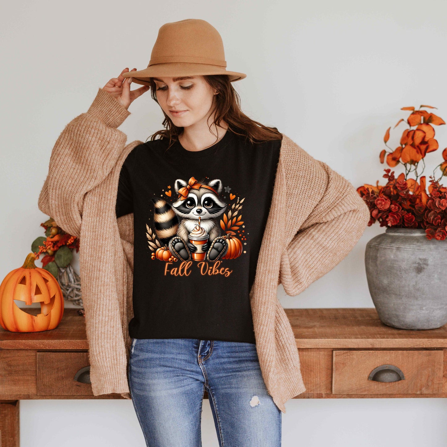 Fall Vibes Raccoon Shirt,Cute Pumpkin Spice Latte Shirt,Autumn Graphic Tee,Cute Raccoon Fall Shirt,Autumn Vibes Graphic Tee