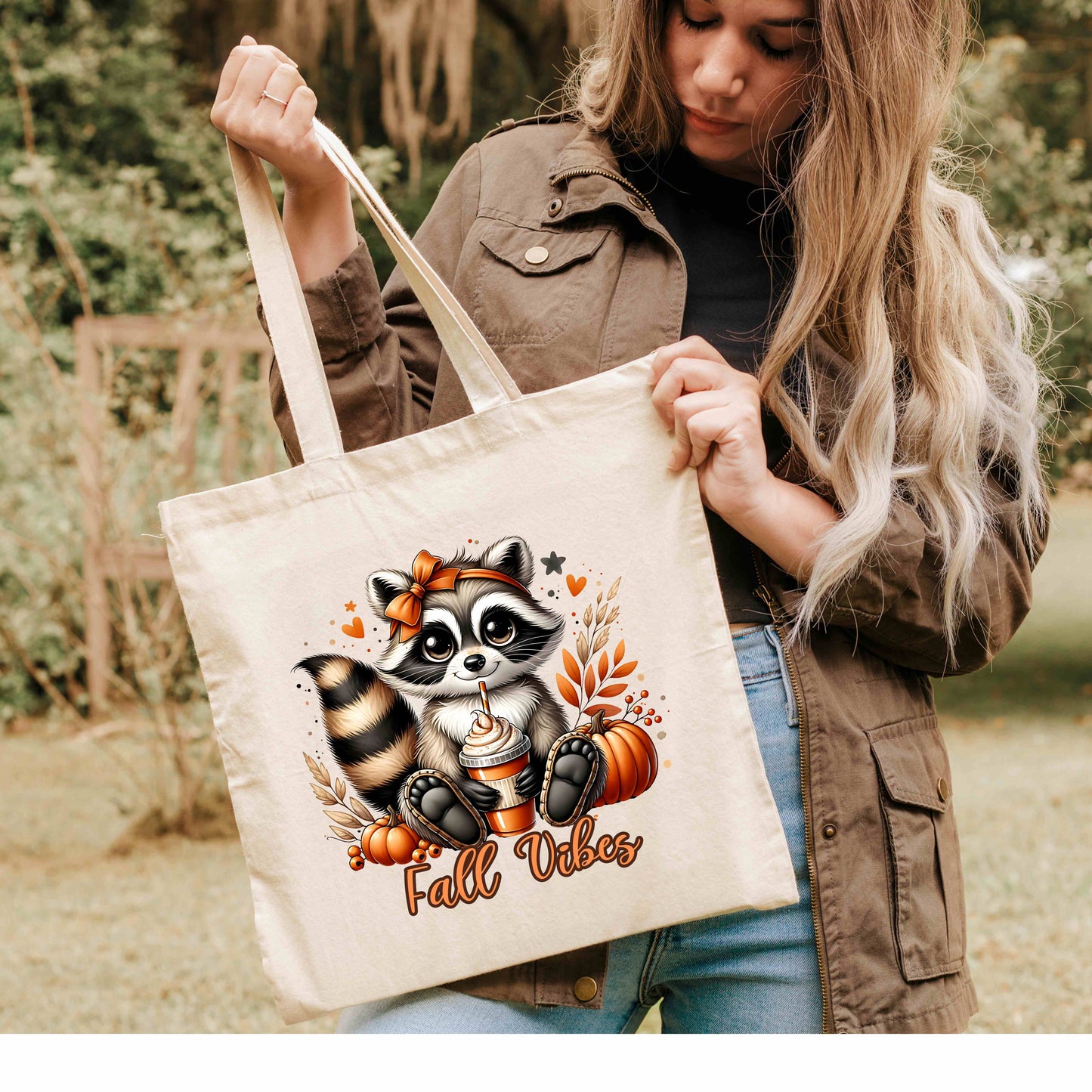 Fall Vibes Raccoon Tote,Cute Pumpkin Spice Latte Bag,Autumn Animal Tote for Coffee Lovers,Cute Raccoon Coffee Tote,Autumn Vibes Tote Bag