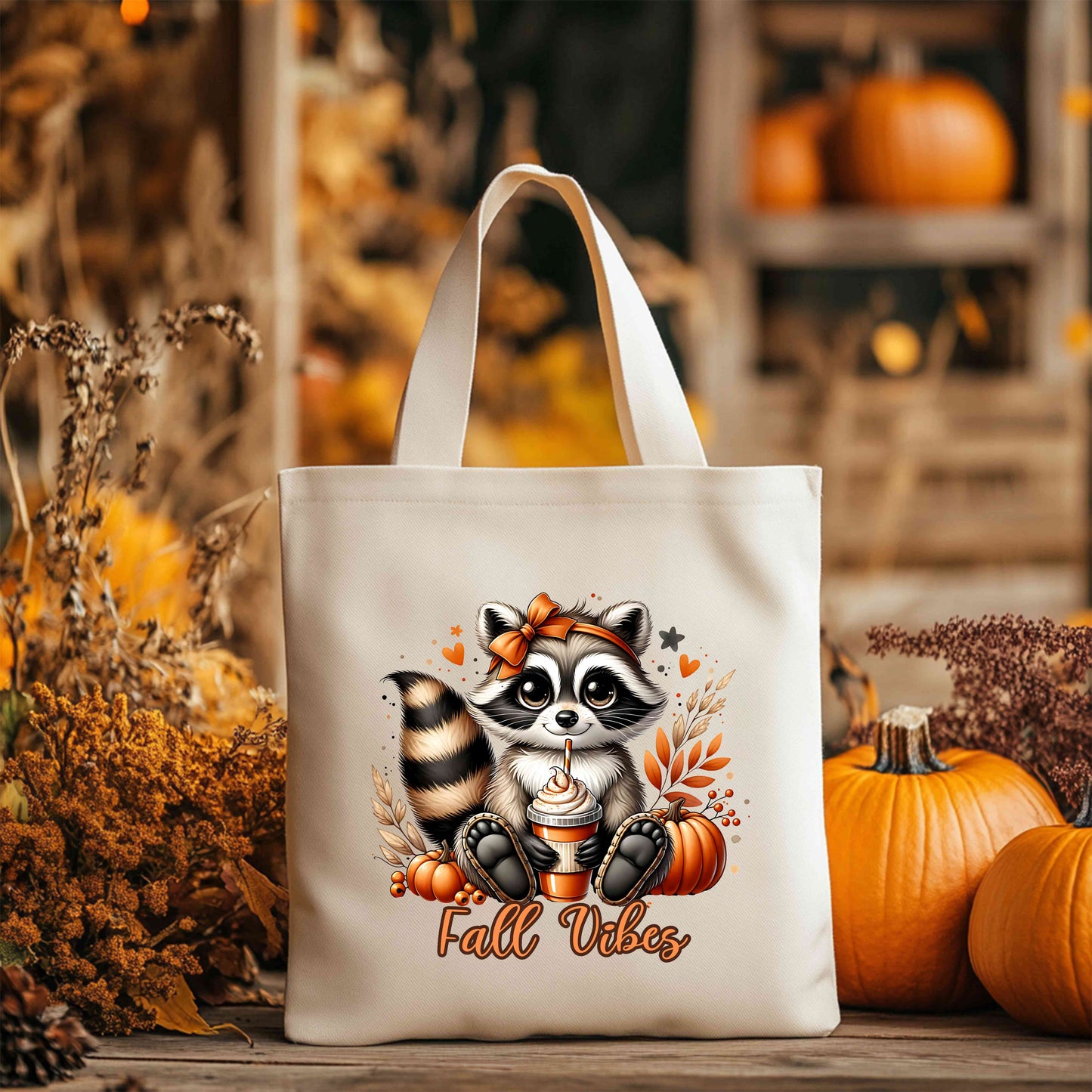 Fall Vibes Raccoon Tote,Cute Pumpkin Spice Latte Bag,Autumn Animal Tote for Coffee Lovers,Cute Raccoon Coffee Tote,Autumn Vibes Tote Bag