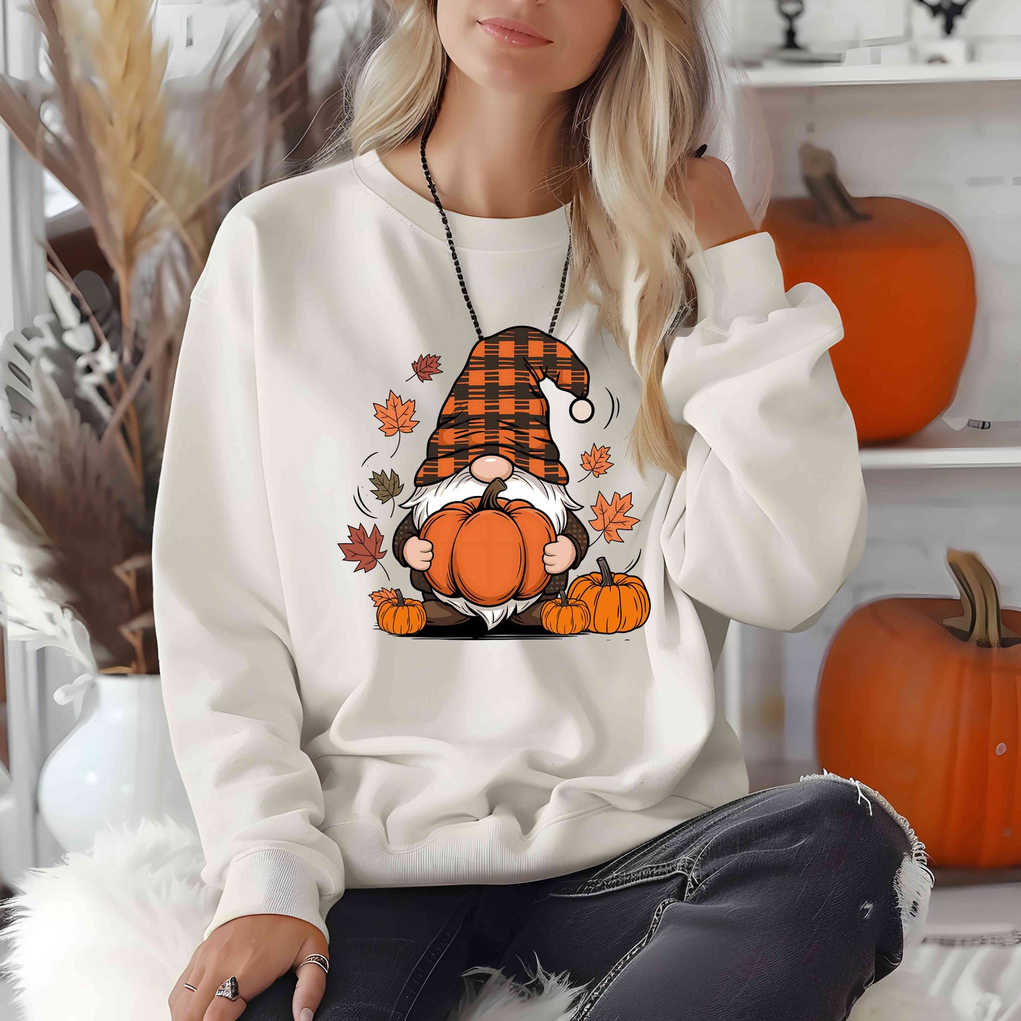 Fall Gnome Pumpkin Sweatshirt, Buffalo Plaid Gnome Sweater, Cute Autumn Leaves Graphic Pullover,Pumpkin Patch Thanksgiving Sweater