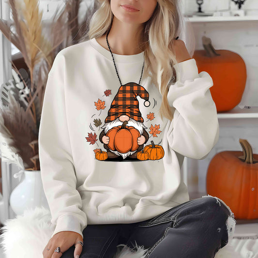 Fall Gnome Pumpkin Sweatshirt, Buffalo Plaid Gnome Sweater, Cute Autumn Leaves Graphic Pullover,Pumpkin Patch Thanksgiving Sweater