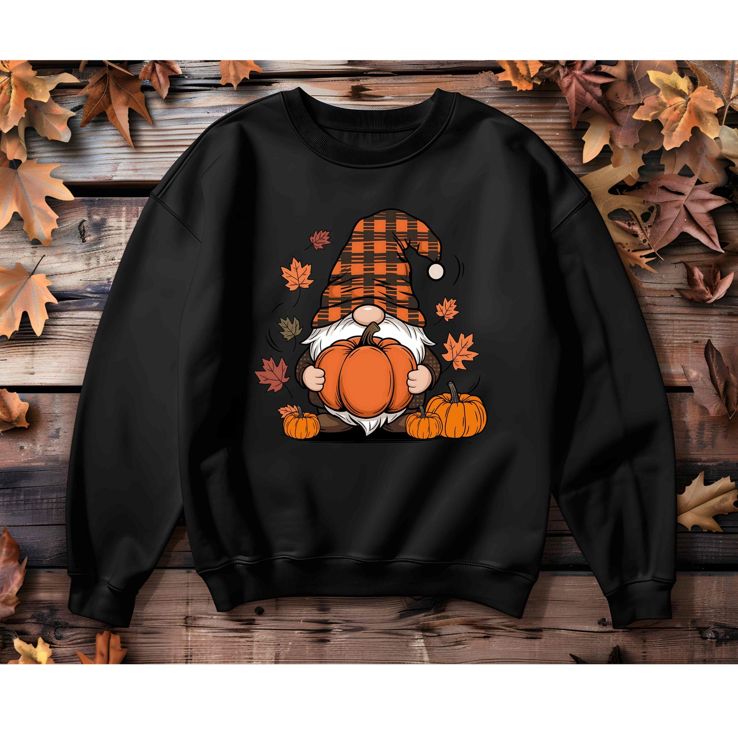 Fall Gnome Pumpkin Sweatshirt, Buffalo Plaid Gnome Sweater, Cute Autumn Leaves Graphic Pullover,Pumpkin Patch Thanksgiving Sweater
