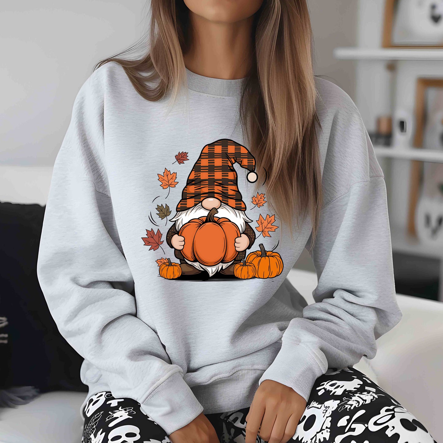 Fall Gnome Pumpkin Sweatshirt, Buffalo Plaid Gnome Sweater, Cute Autumn Leaves Graphic Pullover,Pumpkin Patch Thanksgiving Sweater