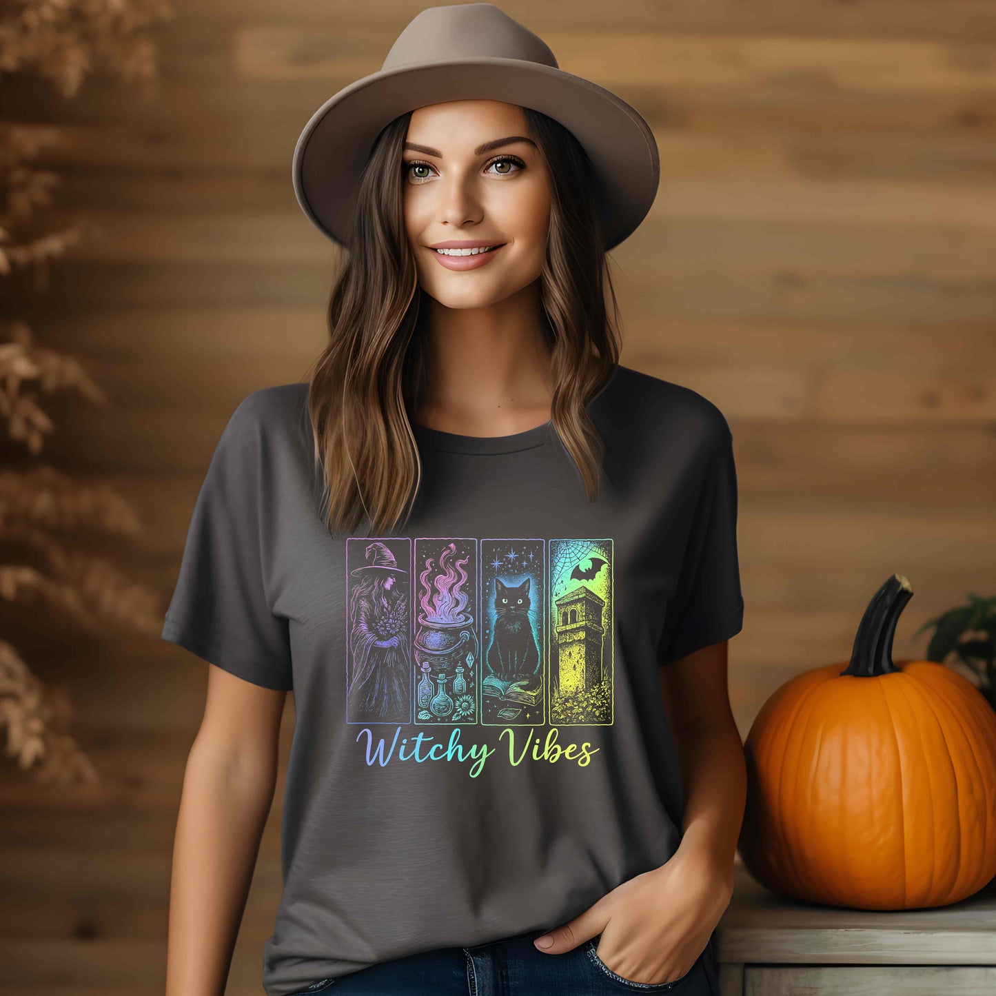 Witchy Vibes TShirt, Halloween Witch Shirt with Black Cat, Cauldron & Haunted Tower, Spooky Season Graphic Tee for Women,Witchy Vibes Tee