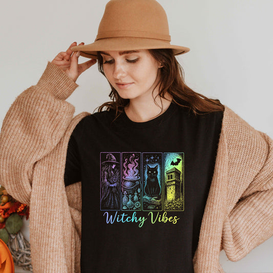 Witchy Vibes TShirt, Halloween Witch Shirt with Black Cat, Cauldron & Haunted Tower, Spooky Season Graphic Tee for Women,Witchy Vibes Tee
