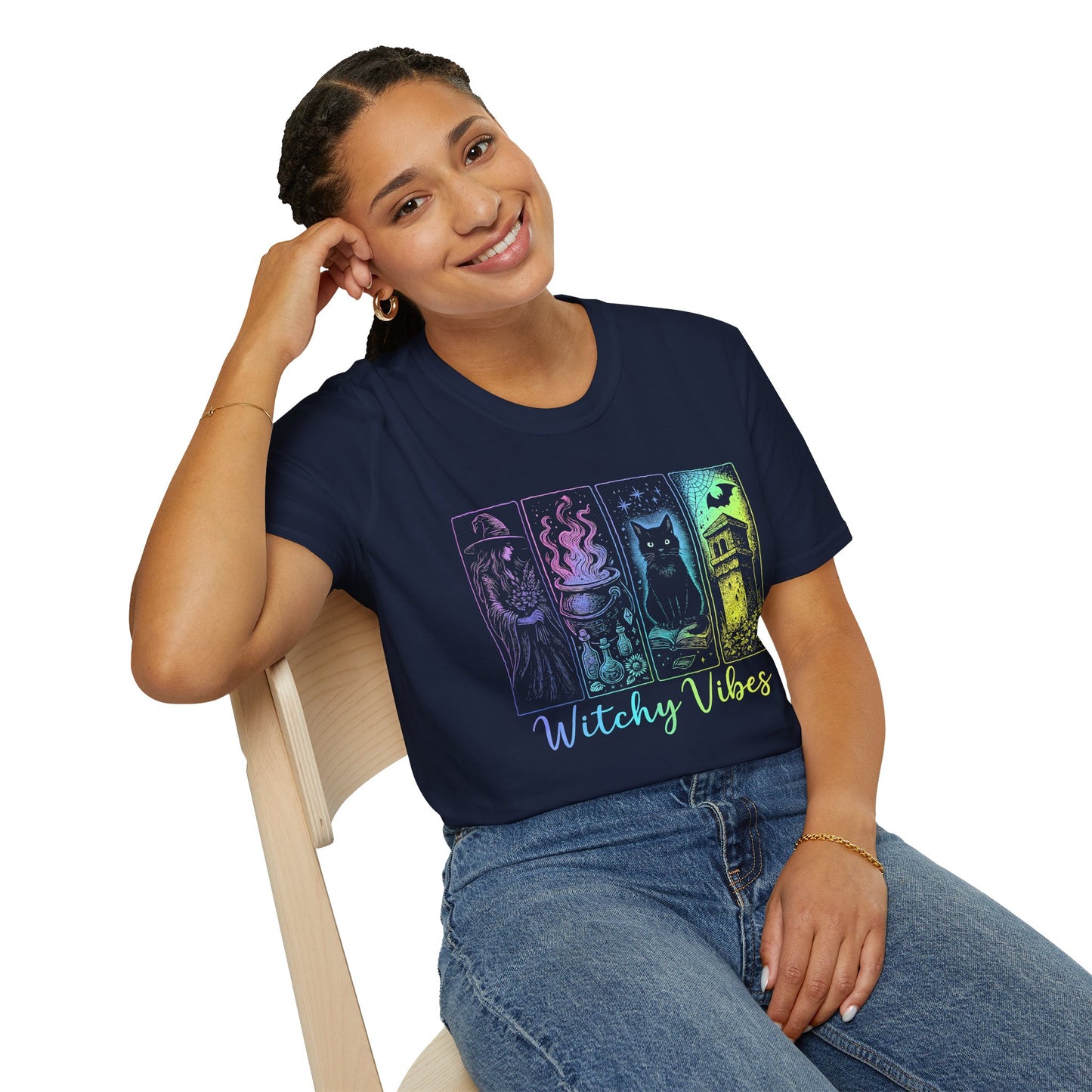 Witchy Vibes TShirt, Halloween Witch Shirt with Black Cat, Cauldron & Haunted Tower, Spooky Season Graphic Tee for Women,Witchy Vibes Tee