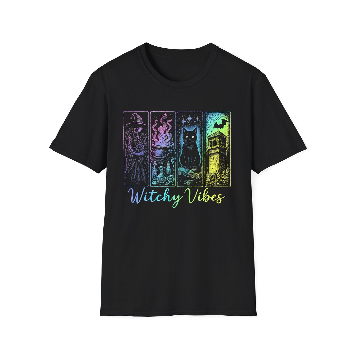 Witchy Vibes TShirt, Halloween Witch Shirt with Black Cat, Cauldron & Haunted Tower, Spooky Season Graphic Tee for Women,Witchy Vibes Tee