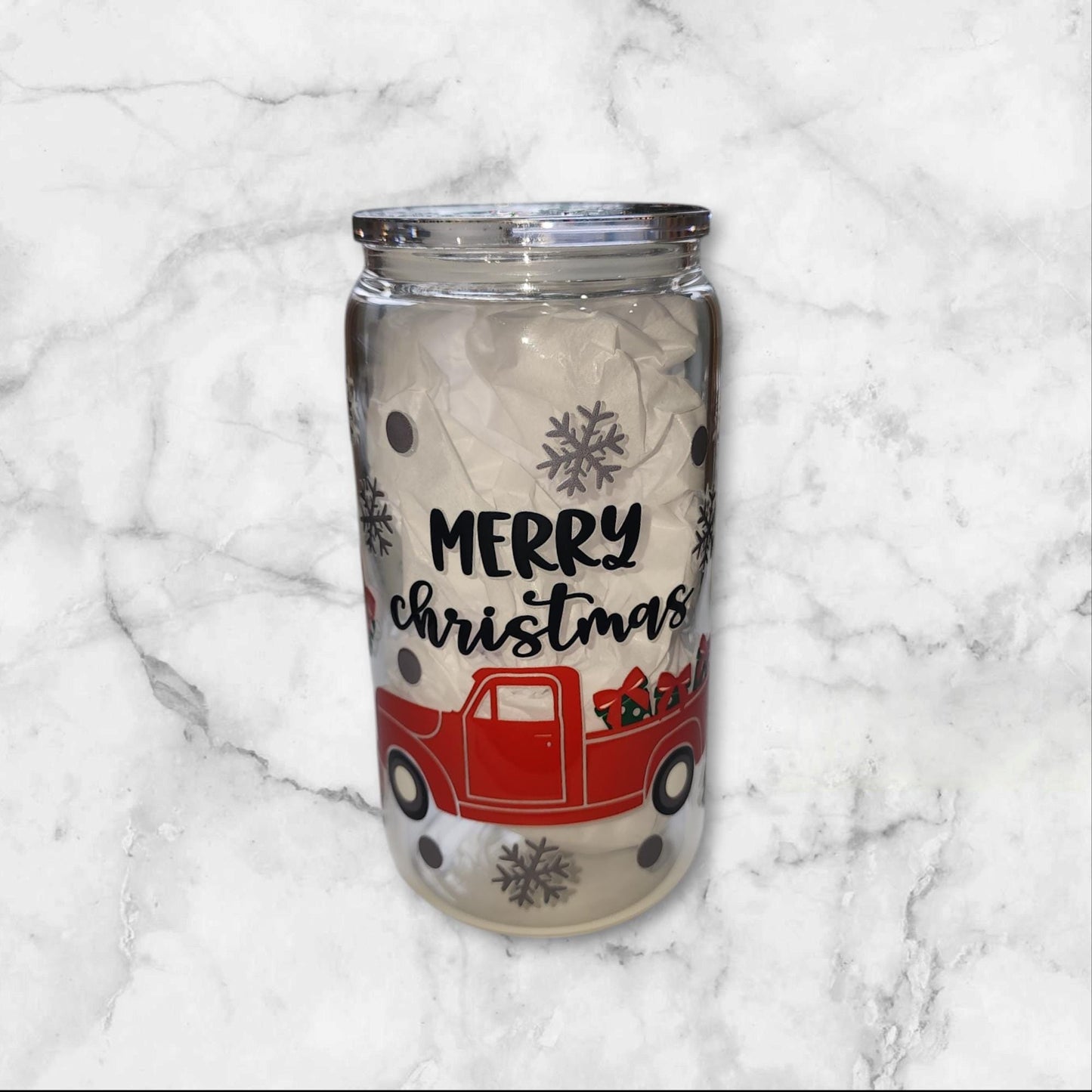 Merry Christmas Red Truck 16oz Libbey Cup With Decorated Lid