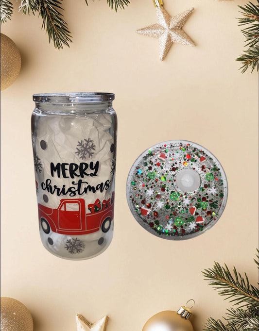Merry Christmas Red Truck 16oz Libbey Cup With Decorated Lid